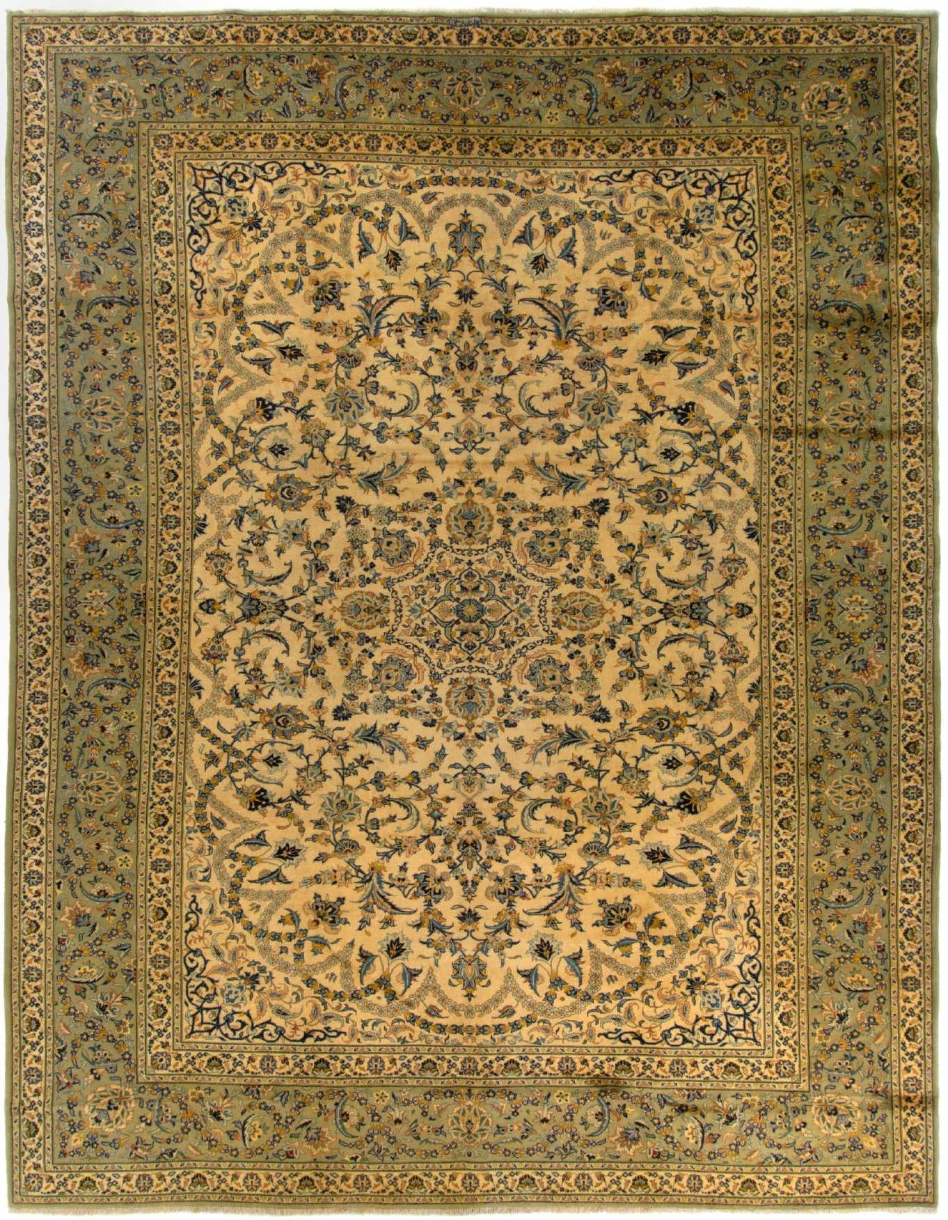 A 9x12 rectangular Kashan Persian rug with a cream field and intricate green, blue, and gold floral patterns, framed by a wide green border.