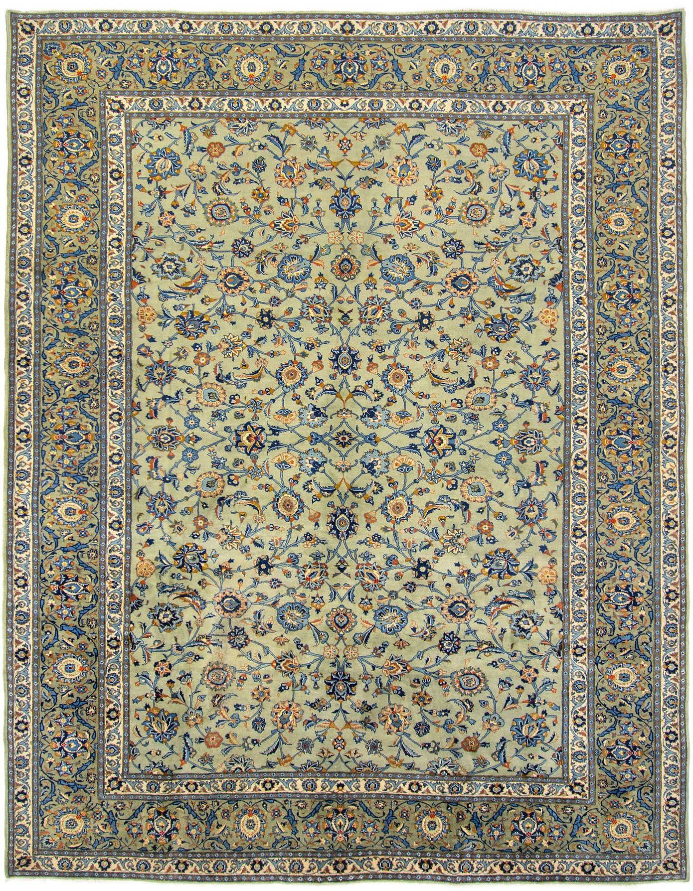 A 9x12 rectangular Kashan Persian rug with a light green field and intricate blue, beige, and orange floral patterns.