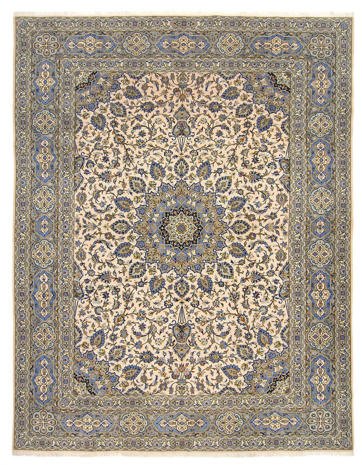 A 10x13 rectangular Kashan Persian rug in green and cream, featuring an intricate floral medallion pattern.