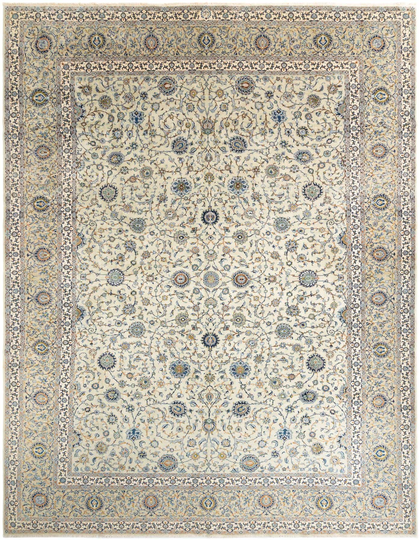 A large 12x16 rectangular traditional Kashan wool rug featuring an intricate green and ivory floral pattern with a detailed border, suitable for a living room.