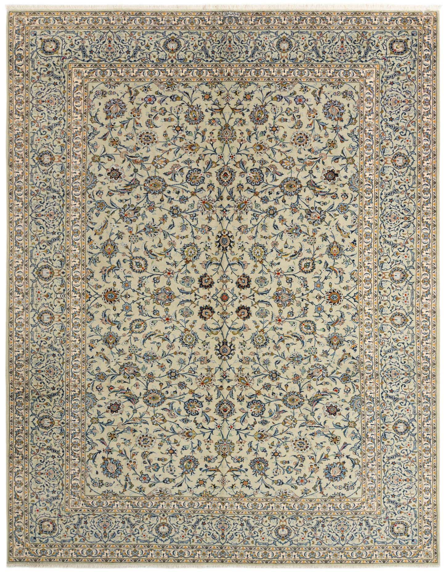 A 10x13 rectangular green traditional wool rug with intricate floral patterns and a detailed border.