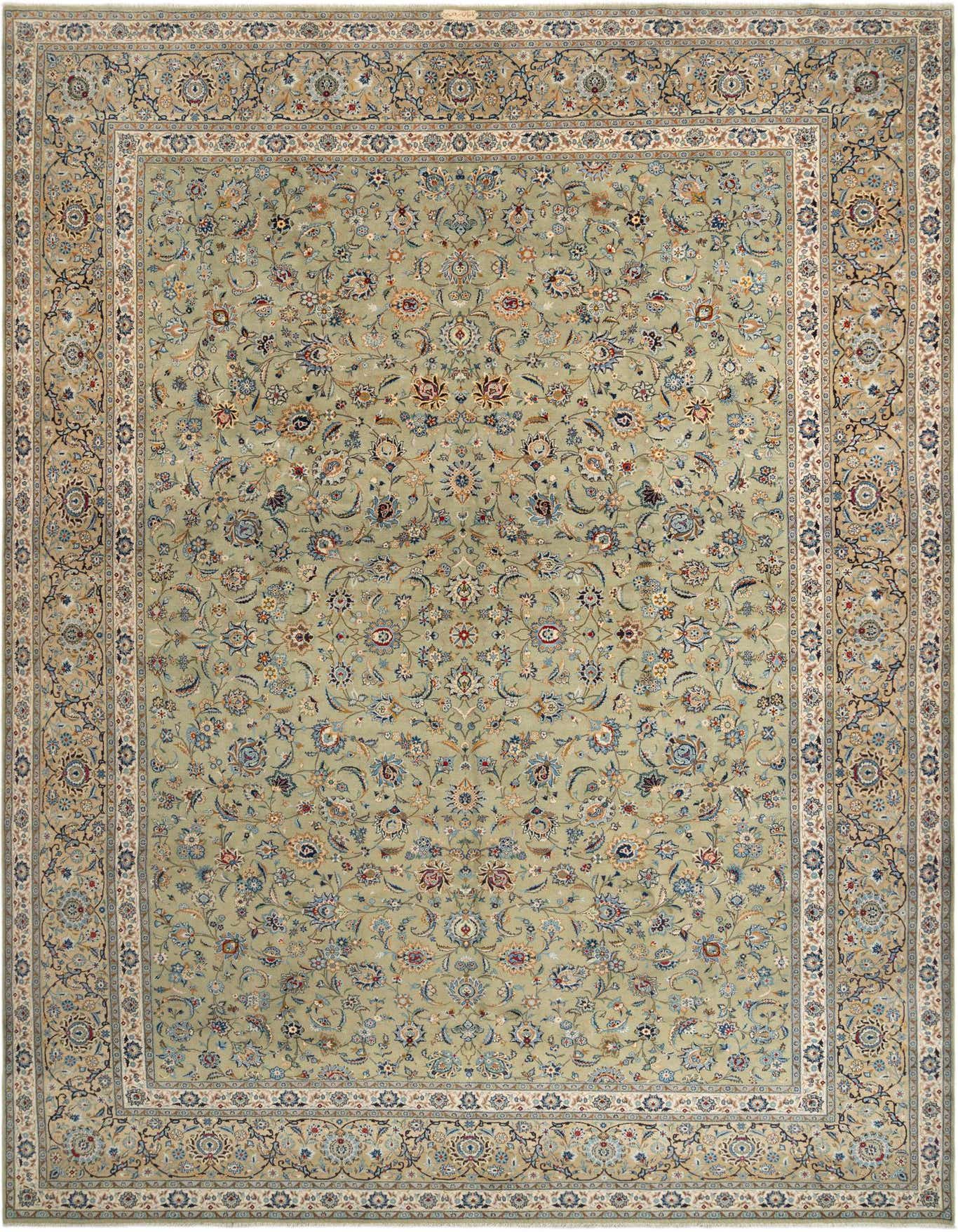 A large 10x16 rectangular green traditional Kashan area rug with intricate floral patterns and a detailed border.