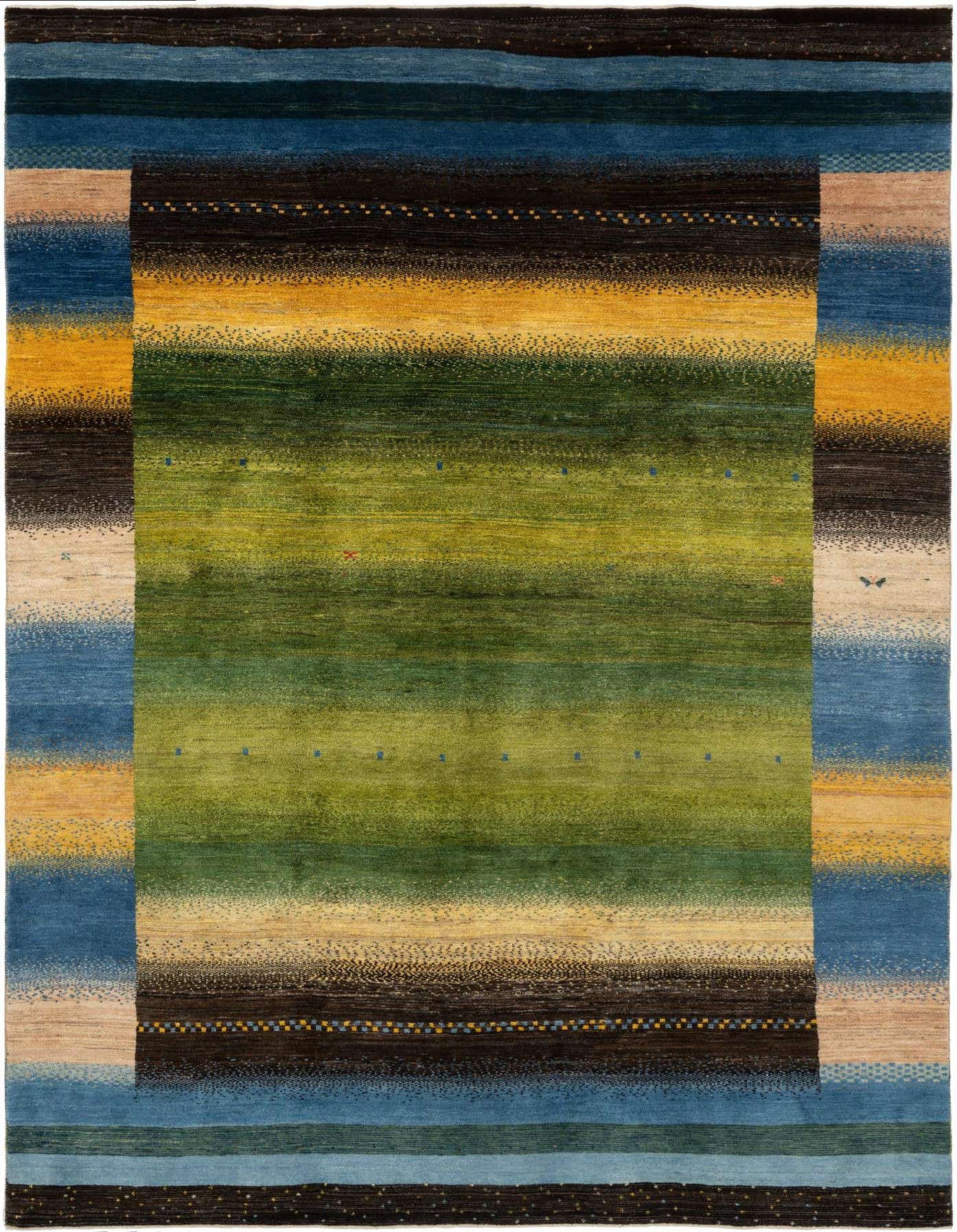 A 7x10 rectangular Kashkuli Persian rug featuring a central green field with horizontal stripes of blue, gold, brown, and beige.