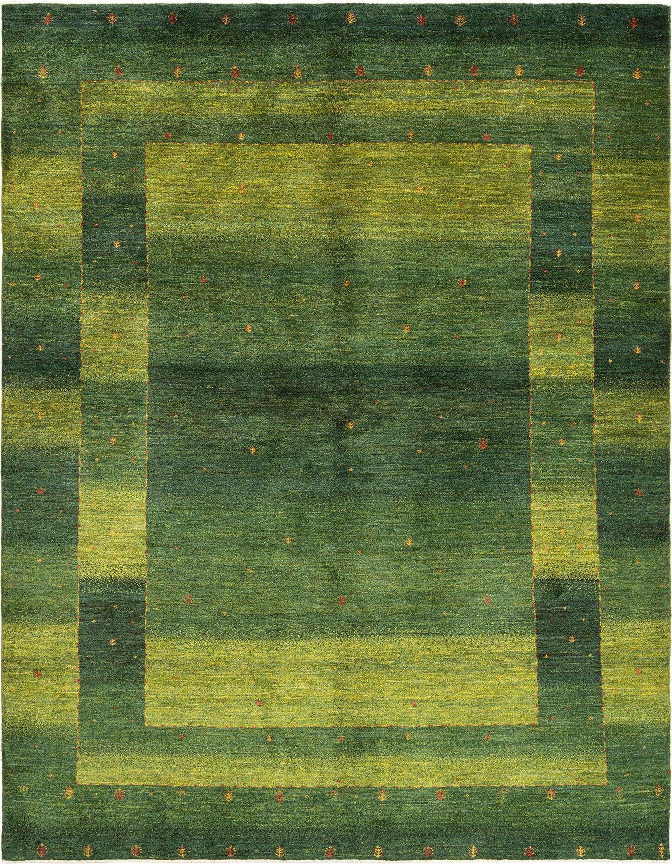 A rectangular 5x8 Kashkuli Persian rug in varying shades of green with a lighter green border and subtle red accents.