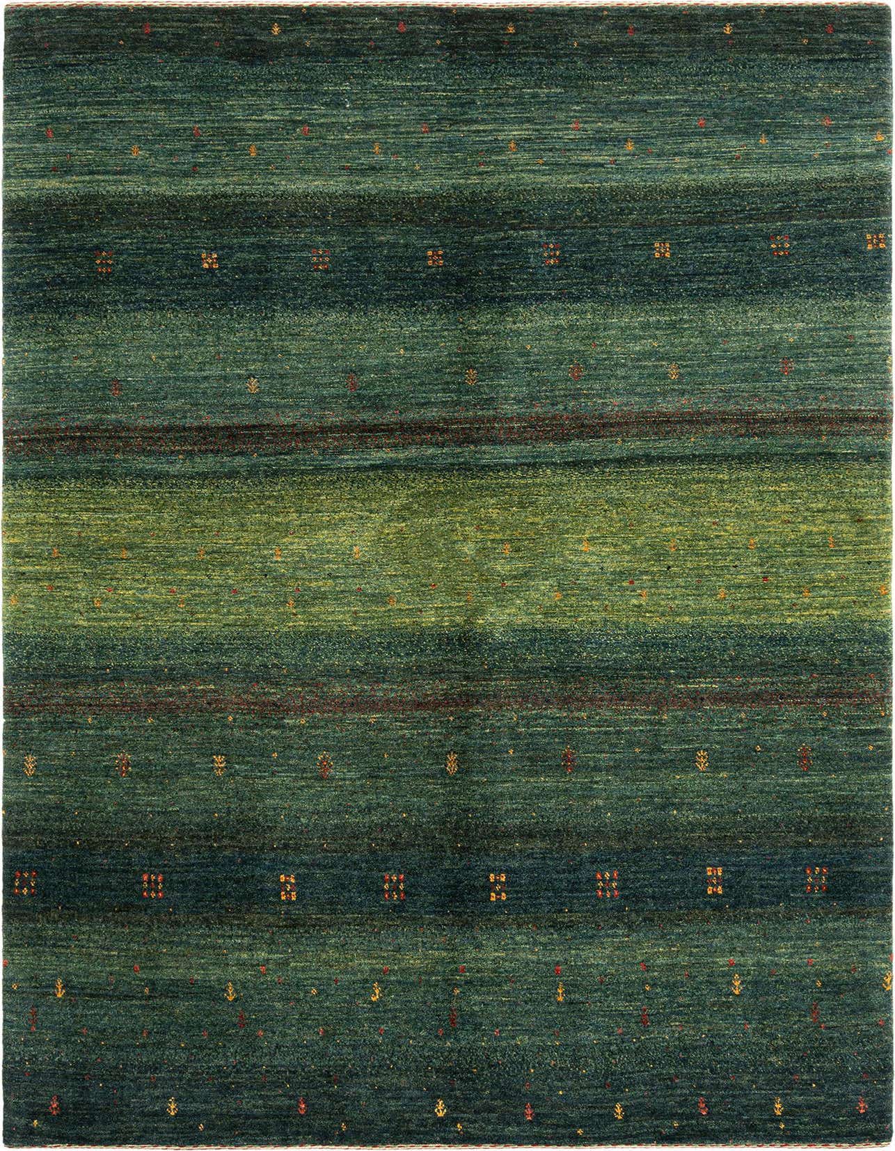 A rectangular 5x8 Kashkuli Persian rug with variegated greens, subtle horizontal stripes, and small, scattered traditional motifs.
