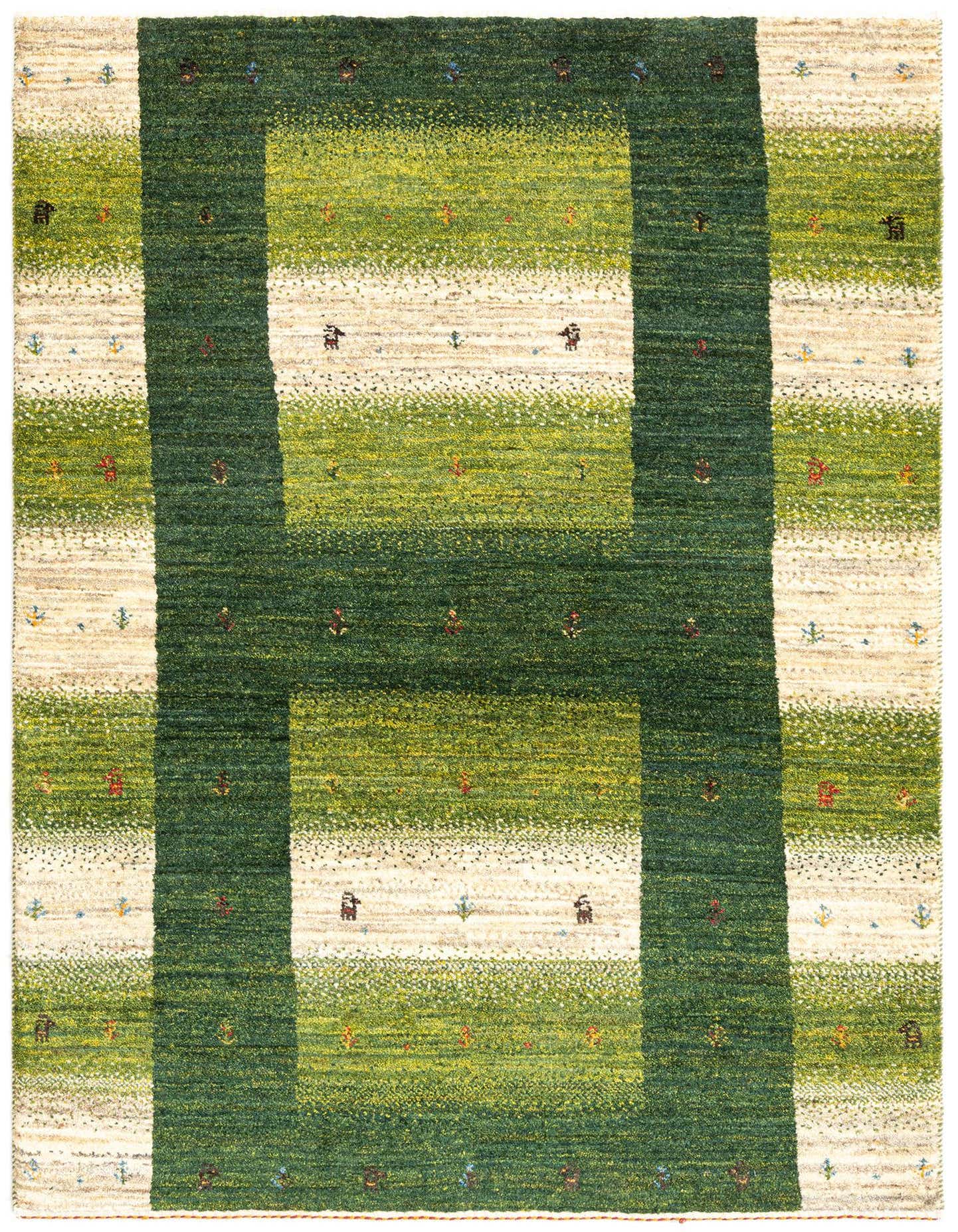 A 3x5 rectangular Kashkuli Persian wool rug featuring a bold green H-shaped pattern over a striped background of varying green and cream hues, with small, colorful traditional motifs scattered throughout.