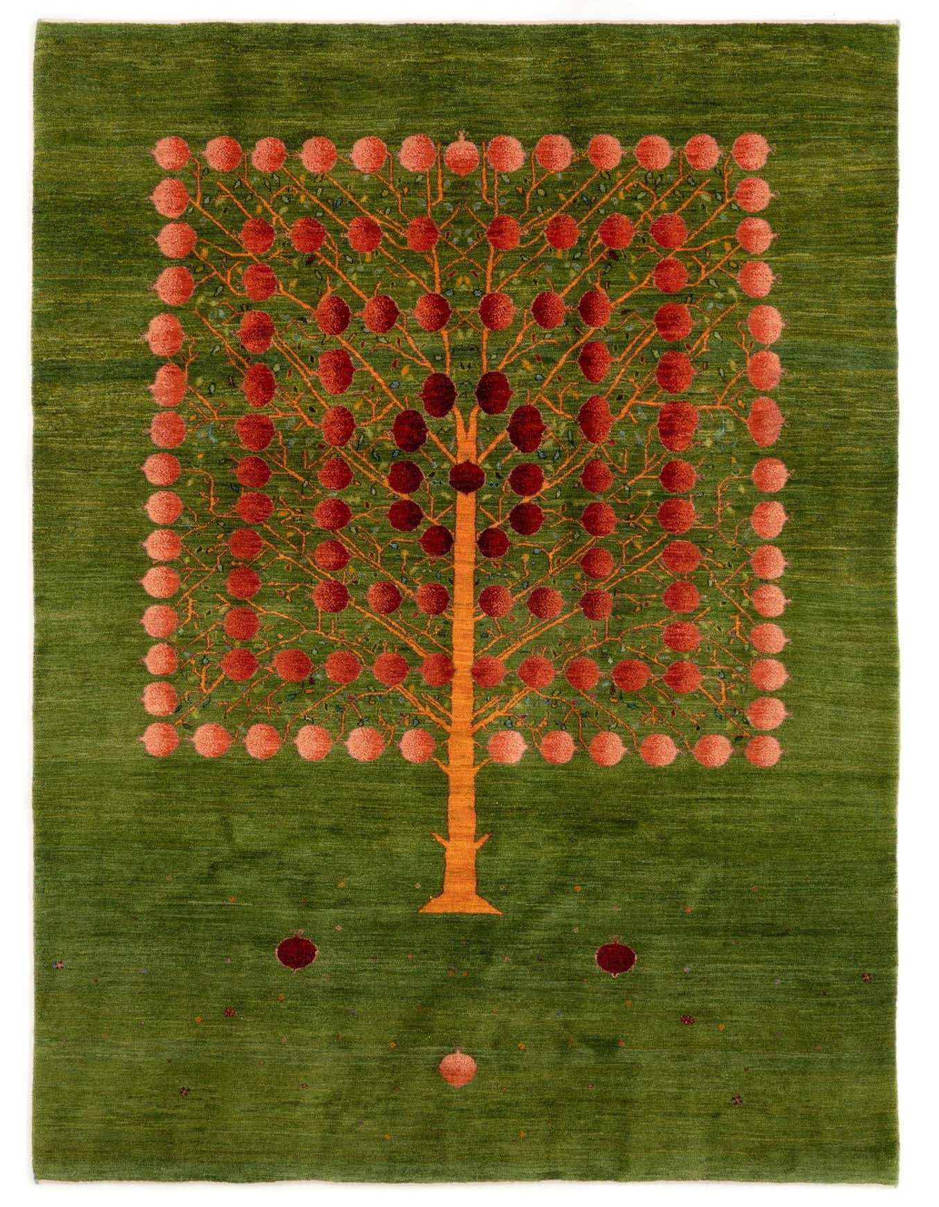 A 6x9 rectangular Kashkuli rug features a vibrant green field with a central tree motif bearing numerous red pomegranates, ideal for a living room.