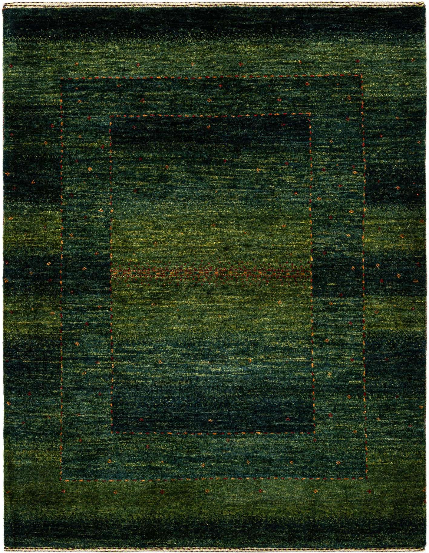 Handmade rectangular Kashkuli rug in varying shades of green with subtle red accents, featuring a Persian-inspired pattern.