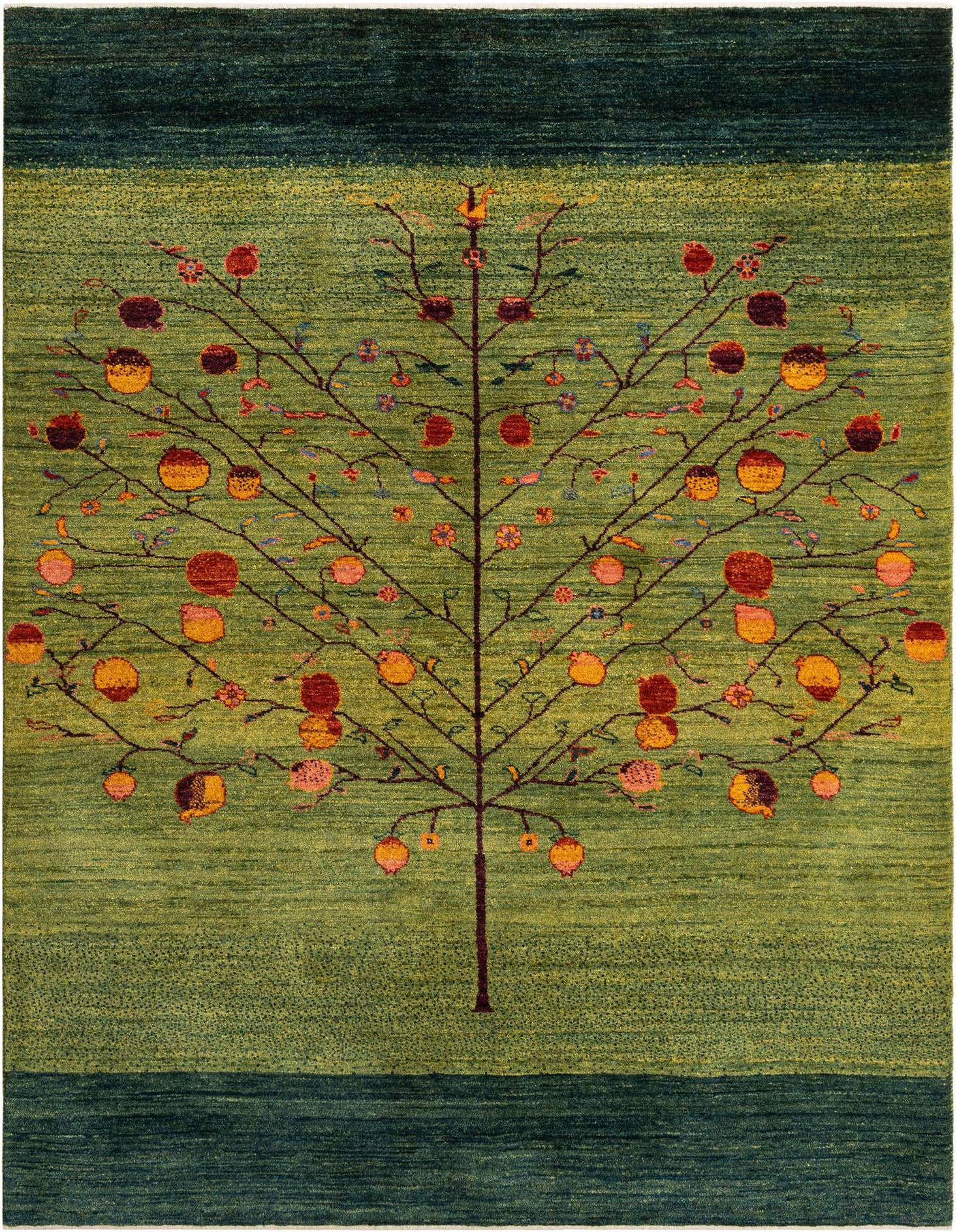 A 4x6 rectangular green wool rug featuring a large, stylized tree with colorful fruit and small birds, set against a striped green background.