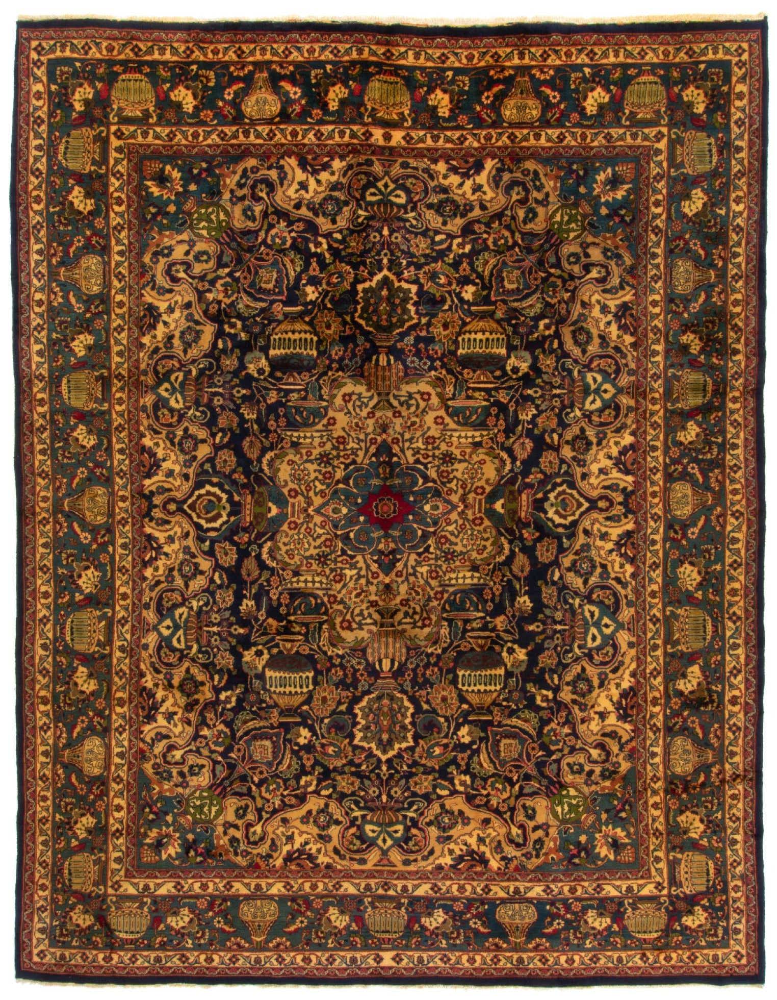 A rectangular 9x12 Kashmar Persian rug in shades of green, gold, and red, featuring intricate floral and medallion patterns.