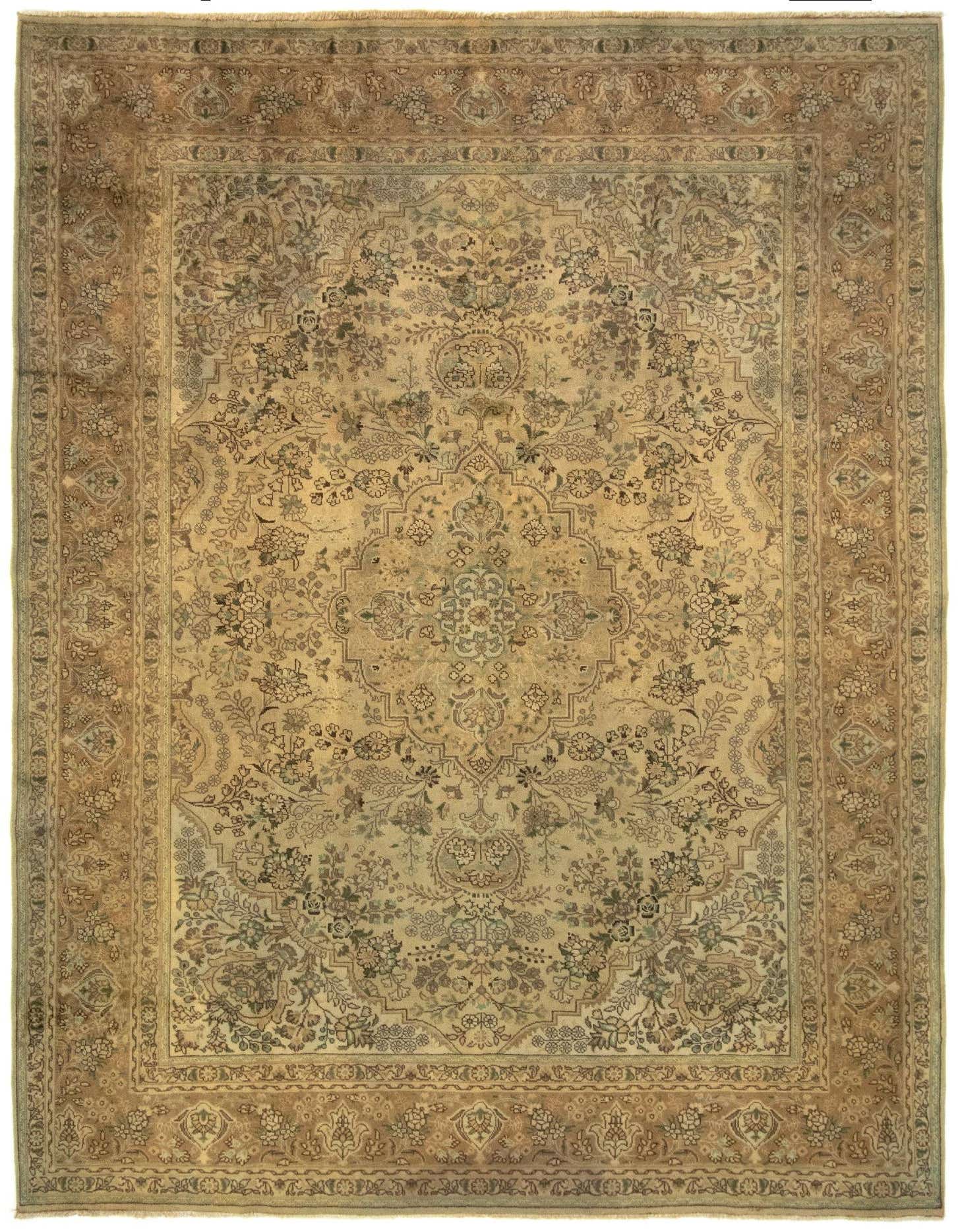 An 8x11 rectangular Kashmar Persian rug in shades of green and beige, featuring an intricate floral medallion pattern.
