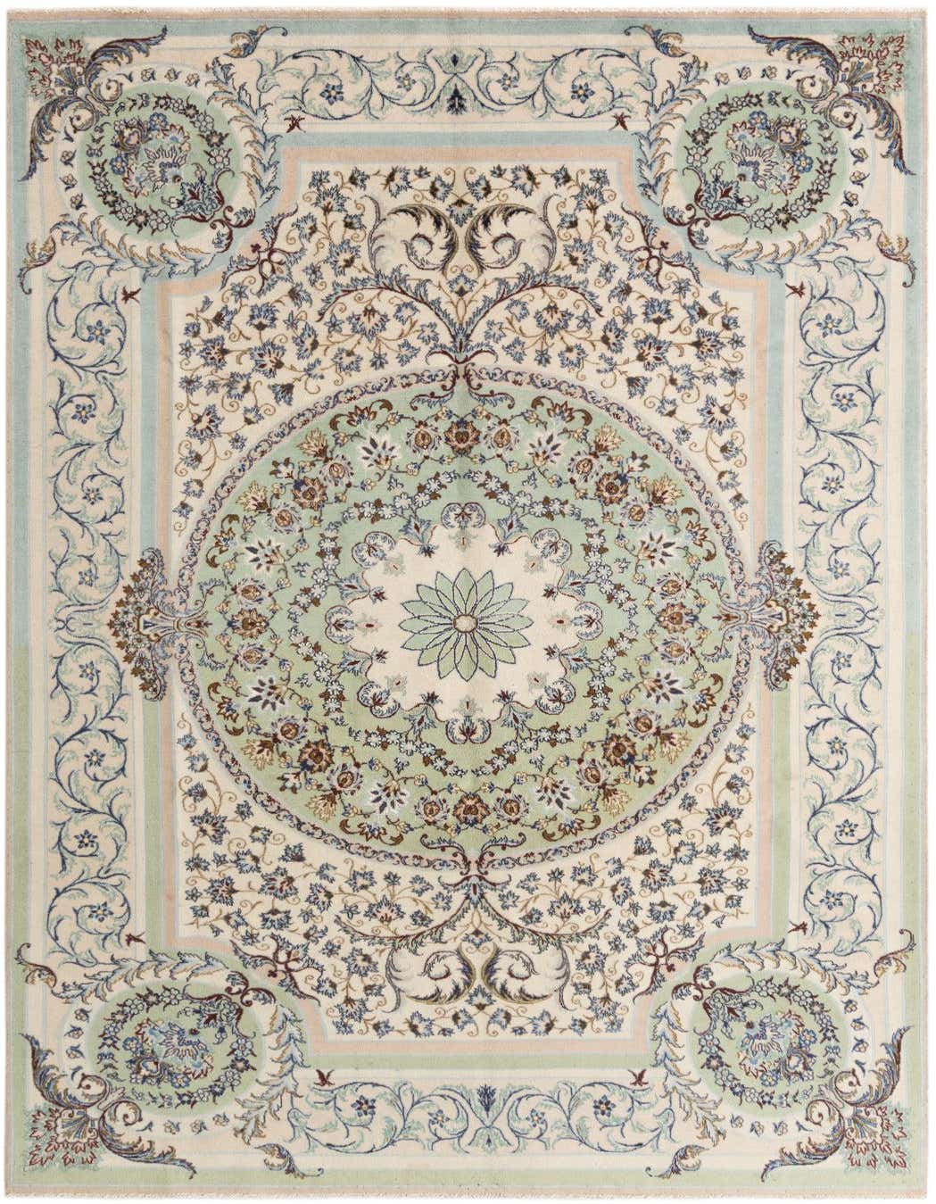 A 7x10 rectangular Kashmar rug with a traditional green, cream, and blue floral medallion pattern.