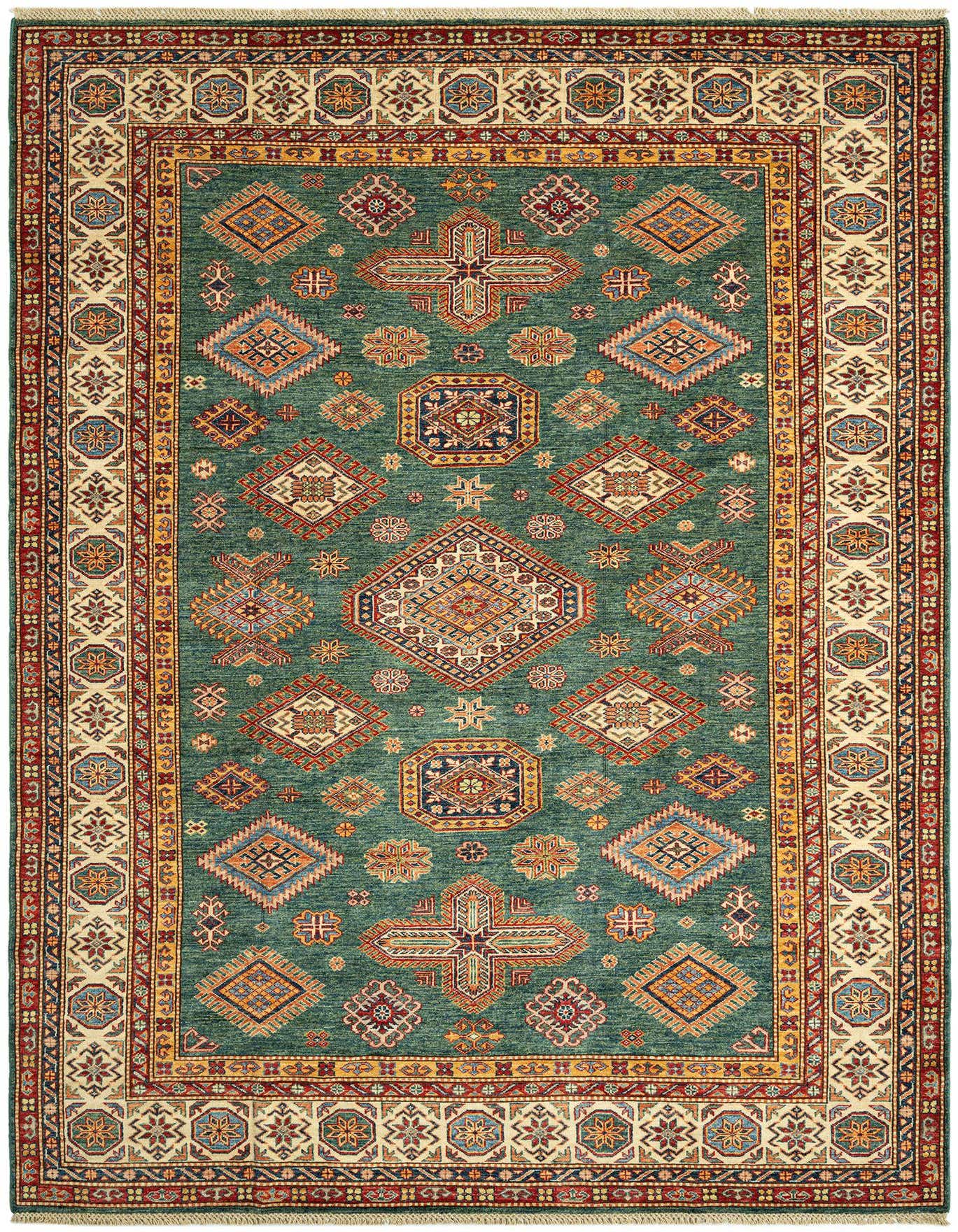 A 7x10 rectangular green Persian wool rug with intricate geometric patterns in red, gold, and blue, featuring a detailed border.