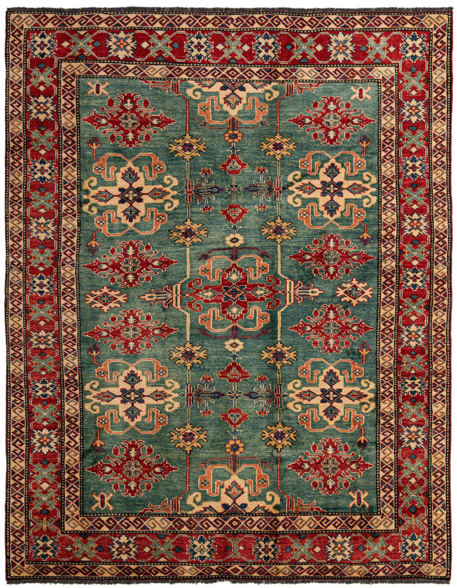 A 5x7 rectangular Kazak rug with a teal green field, featuring traditional red, gold, and blue medallion patterns and a detailed red border.