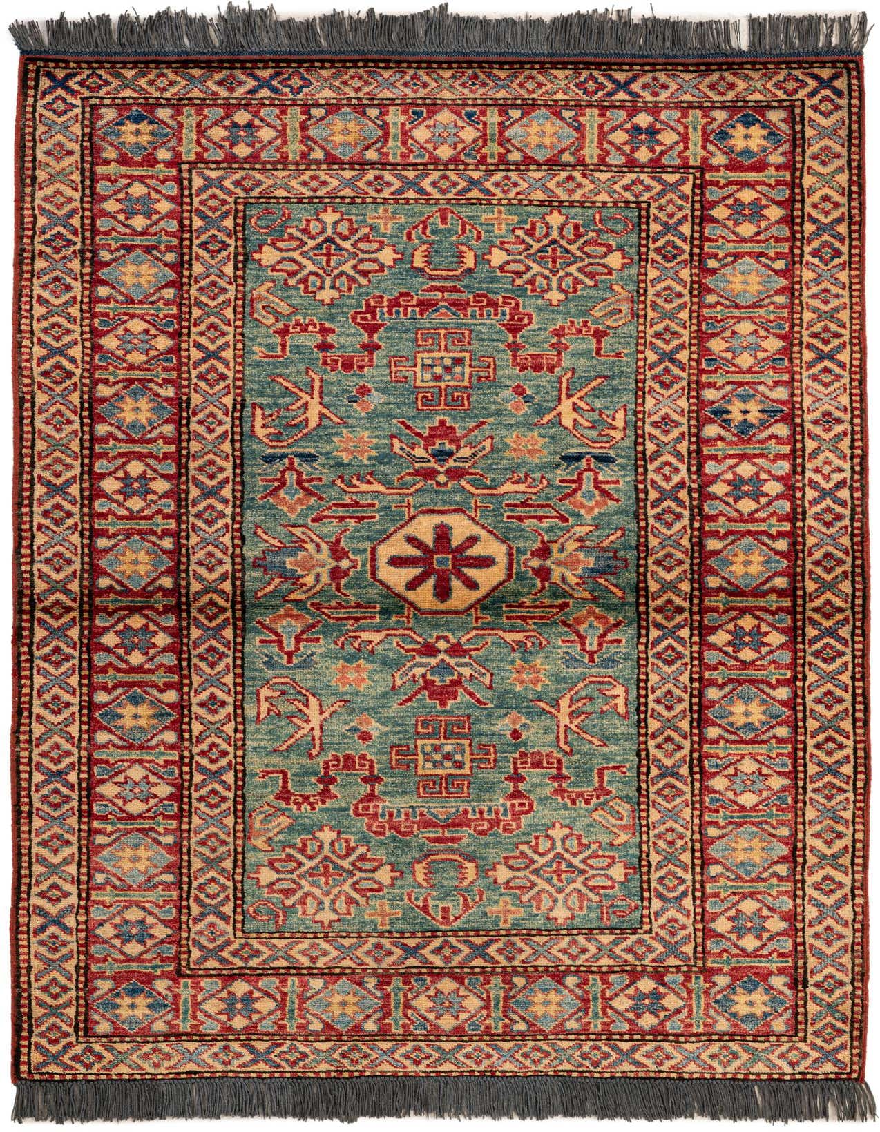 A 3x5 rectangular Rugs.com Kazak rug with a green field and intricate red, blue, and gold oriental patterns, featuring dark fringes.