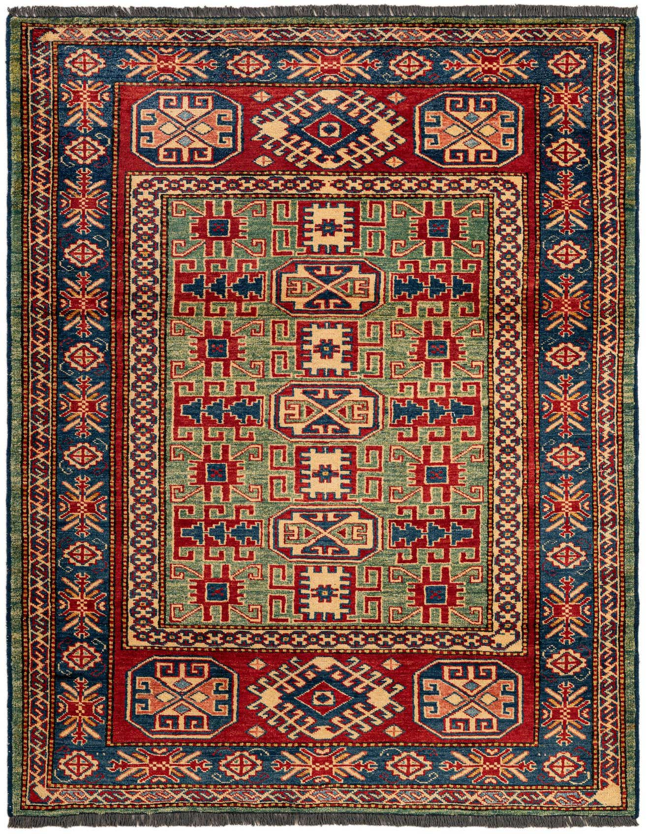 A 4x6 rectangular green Oriental rug with intricate red, blue, and beige geometric patterns, suitable for a living room.