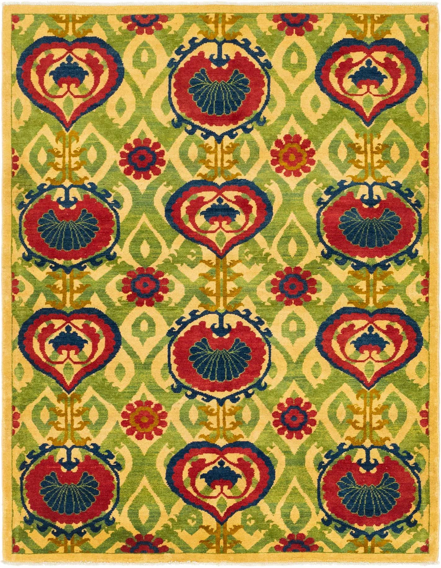 A 5x7 rectangular Rugs.com Kazak rug with a vibrant green, red, and blue tribal pattern on a yellow background.