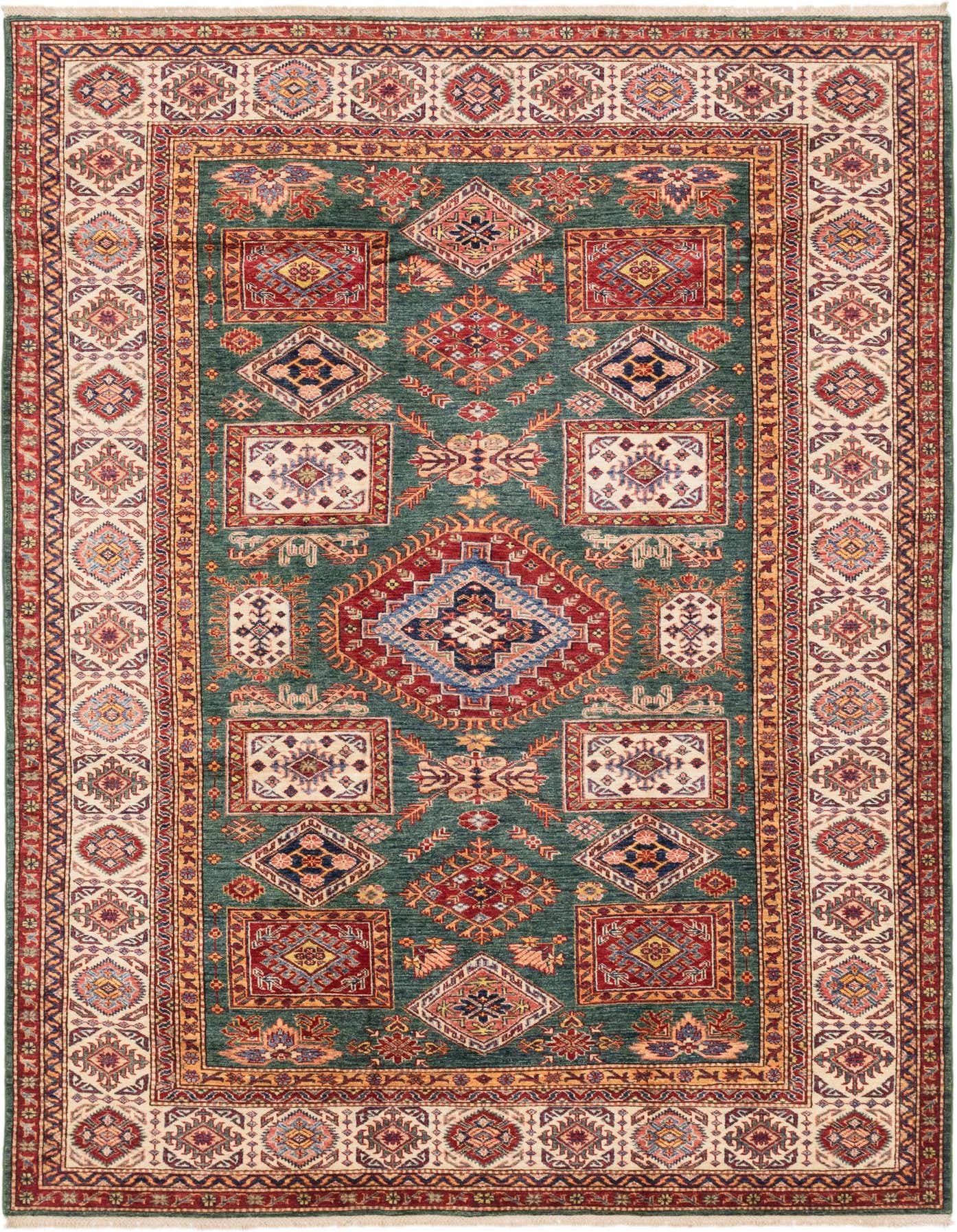 A 6x9 rectangular Kazak rug with a rich green field and a traditional Southwestern tribal pattern, featuring red, blue, and cream geometric motifs and a detailed border.