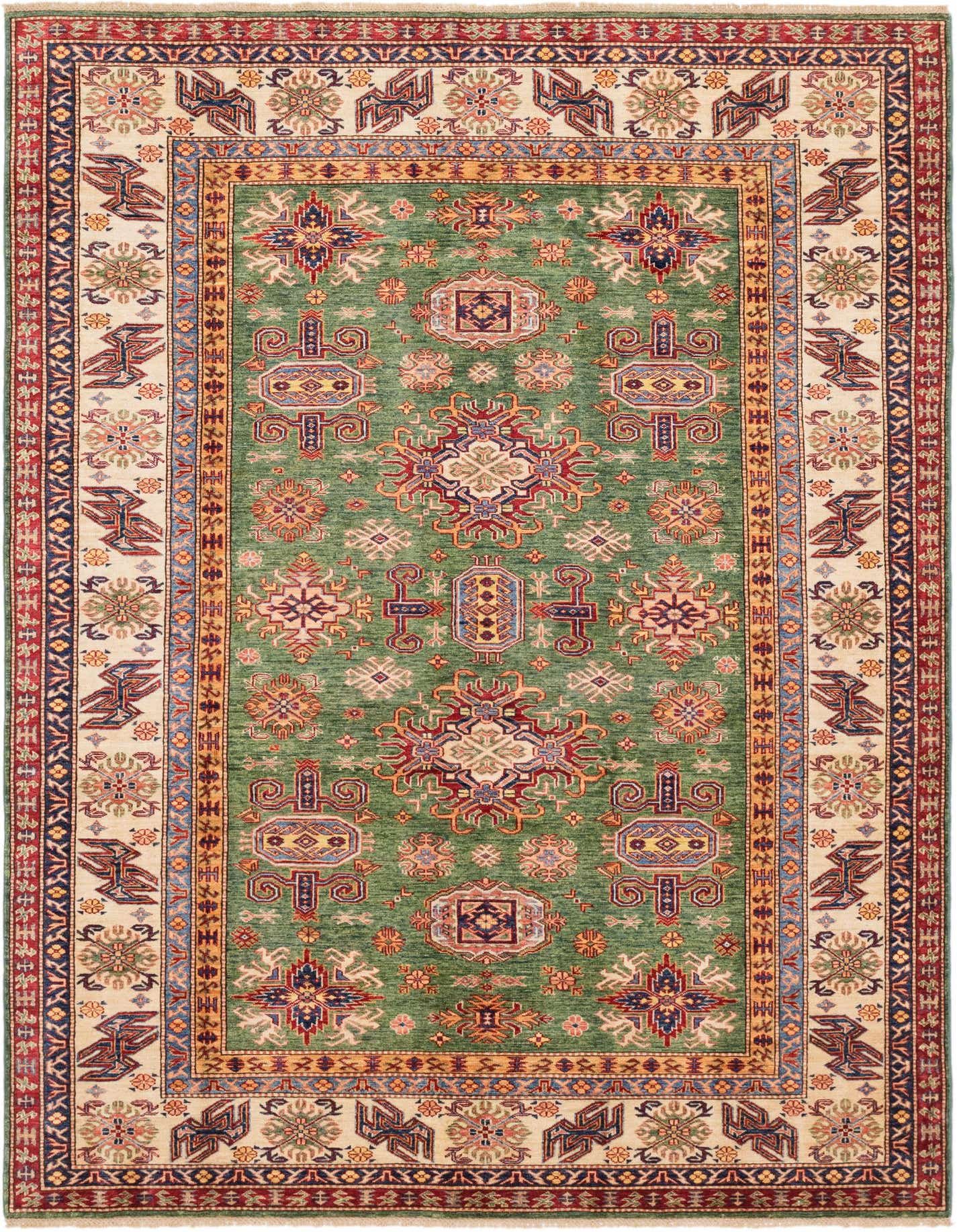 7x10 rectangular Kazak rug with a green field and intricate traditional patterns in red, blue, and gold.