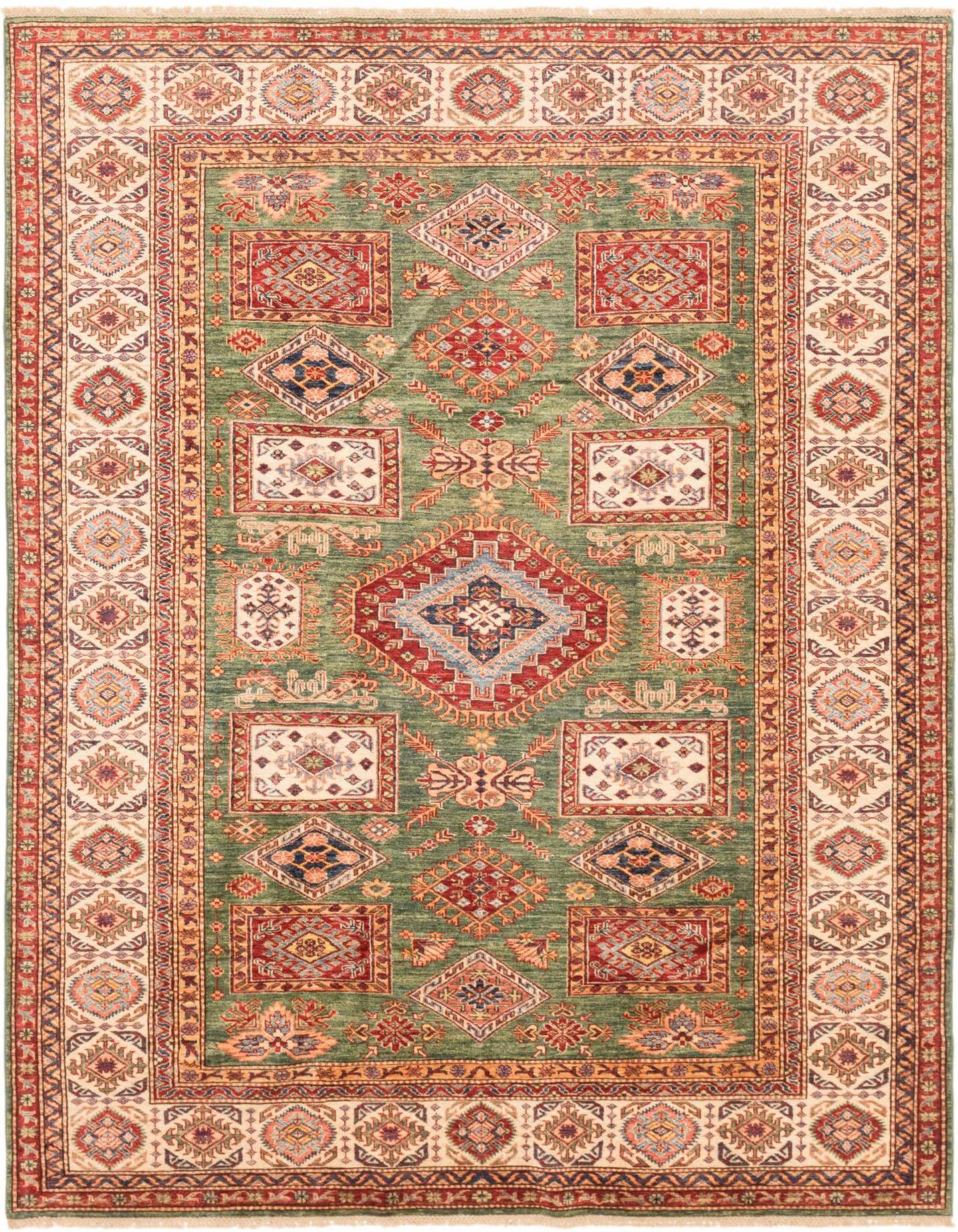 A 6x9 rectangular green traditional Kazak rug with a central medallion and tribal patterns in red, blue, and cream.
