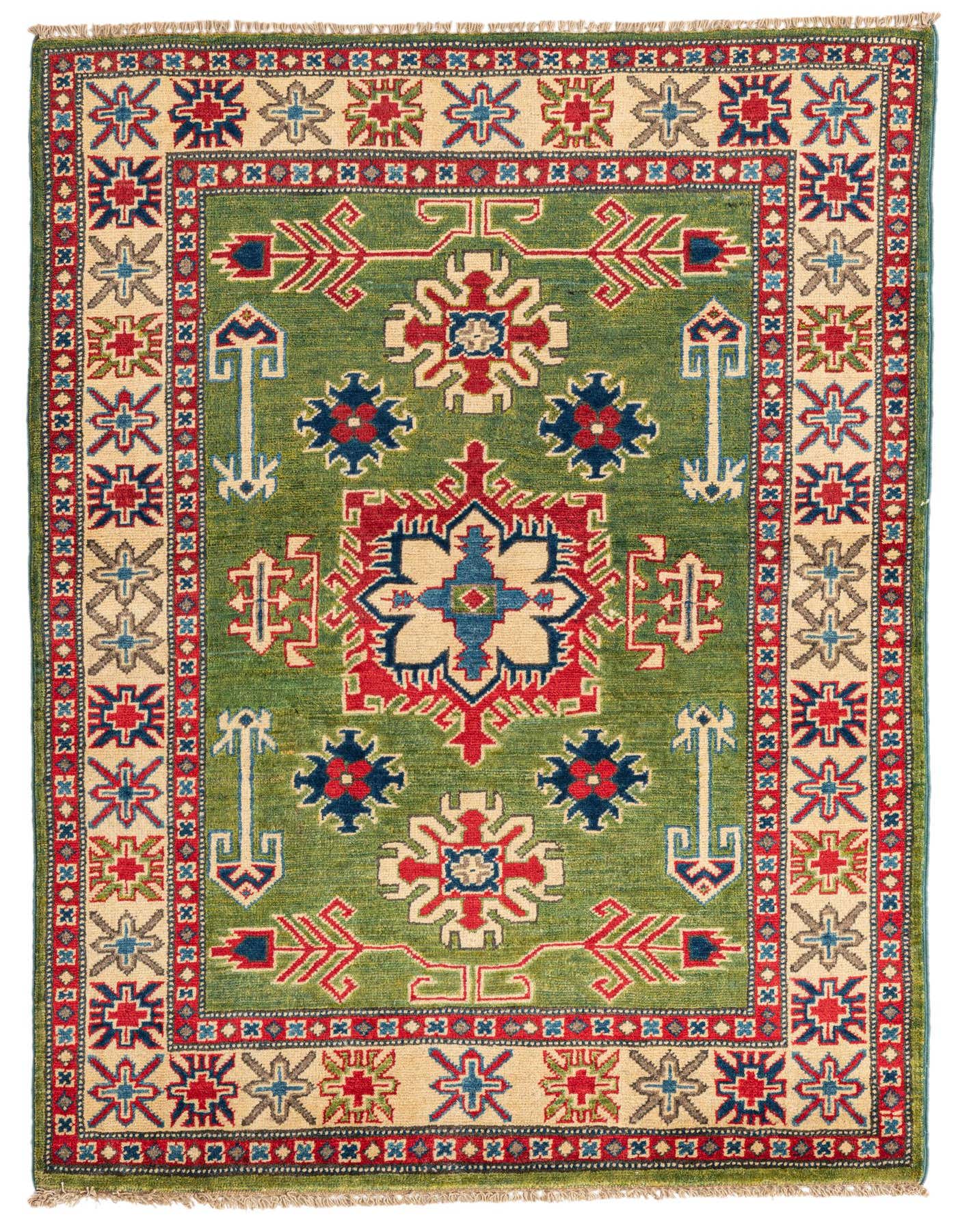 A 3x5 rectangular Kazak rug with a green field and traditional Southwestern patterns in red, blue, and cream.