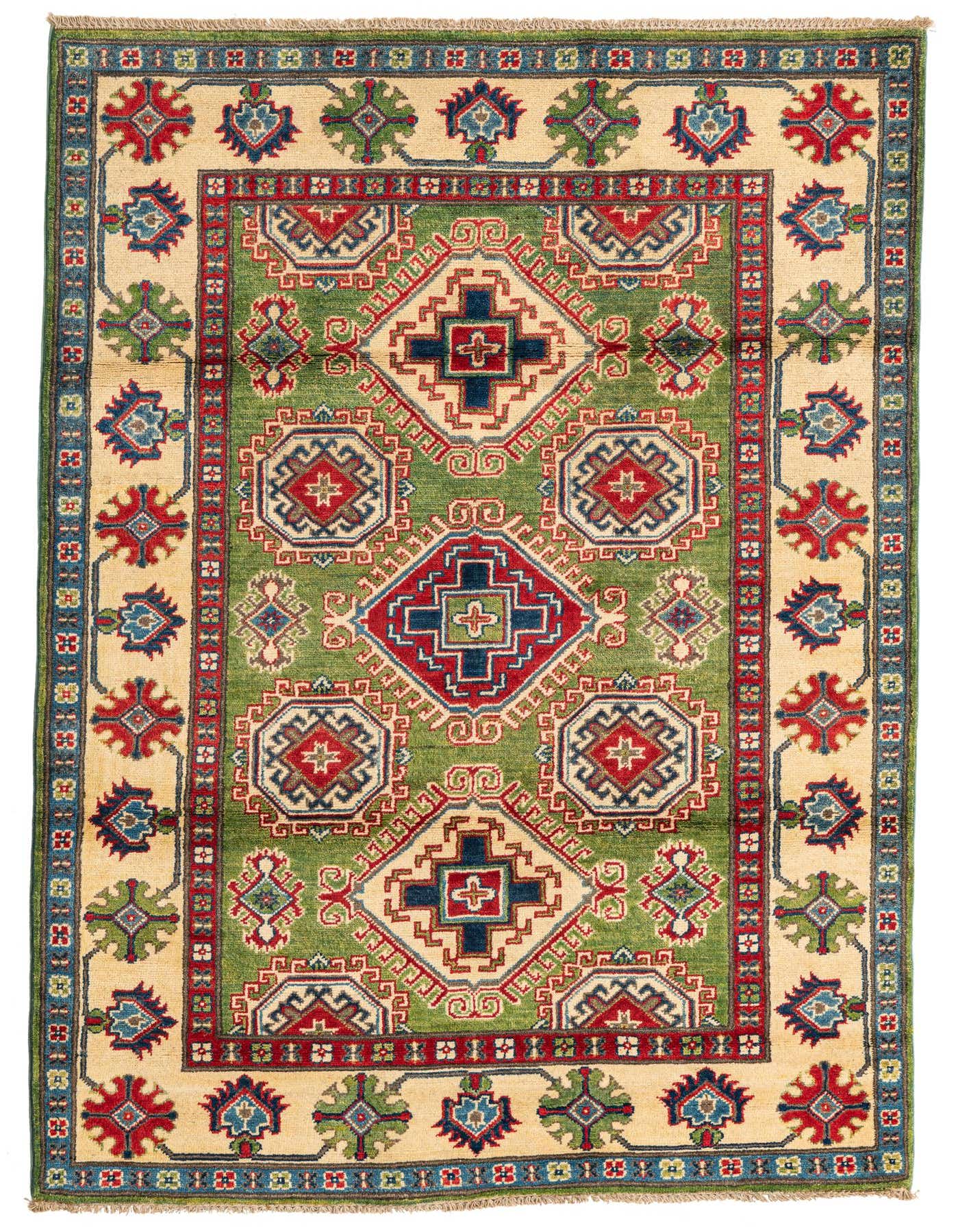 A 4x6 rectangular Kazak rug with a vibrant green field and traditional Southwestern patterns in red, blue, and cream.