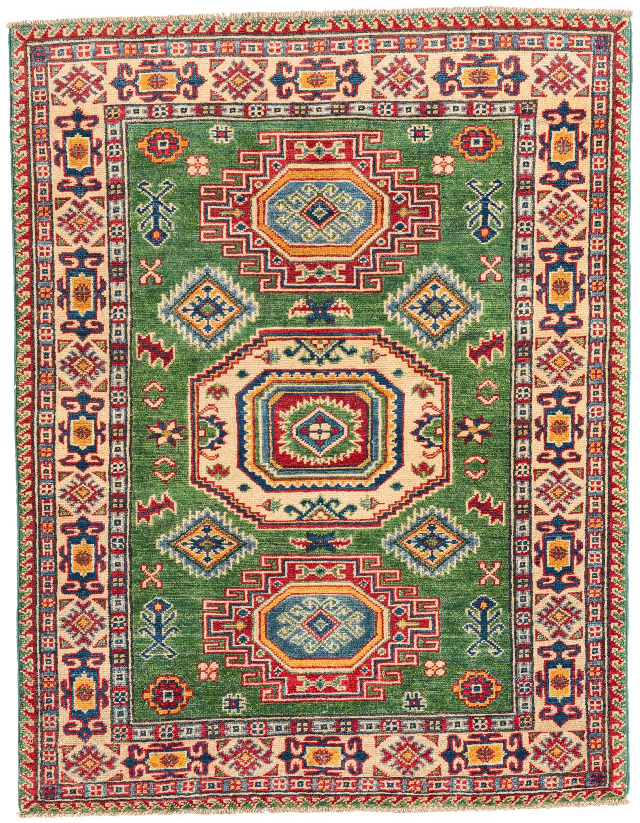 A 3x5 rectangular Kazak rug with a vibrant green field, featuring traditional Southwestern and Oriental medallion patterns in red, blue, yellow, and cream.