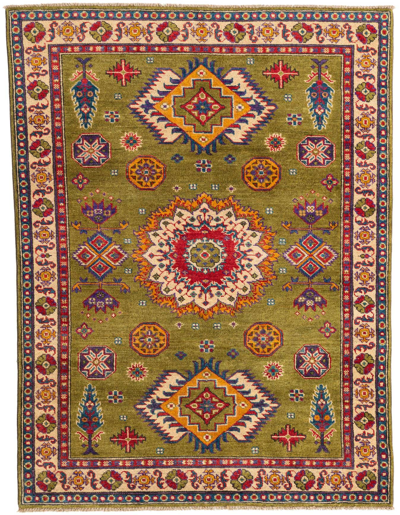 A 4x6 rectangular green wool rug featuring a vibrant traditional medallion and geometric patterns in red, blue, yellow, and cream.