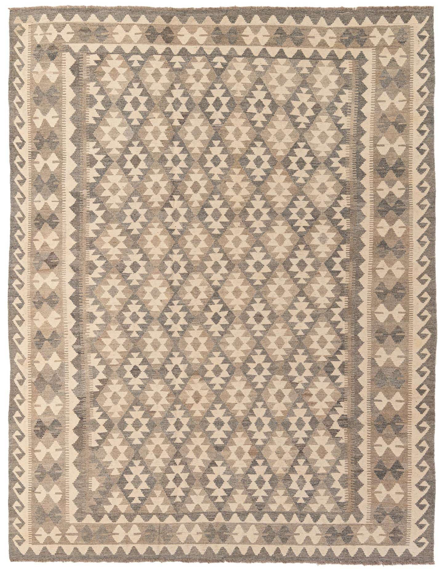 A 7x10 rectangular Kilim Maymana rug featuring a tribal geometric pattern in shades of green and cream, ideal for a living room.