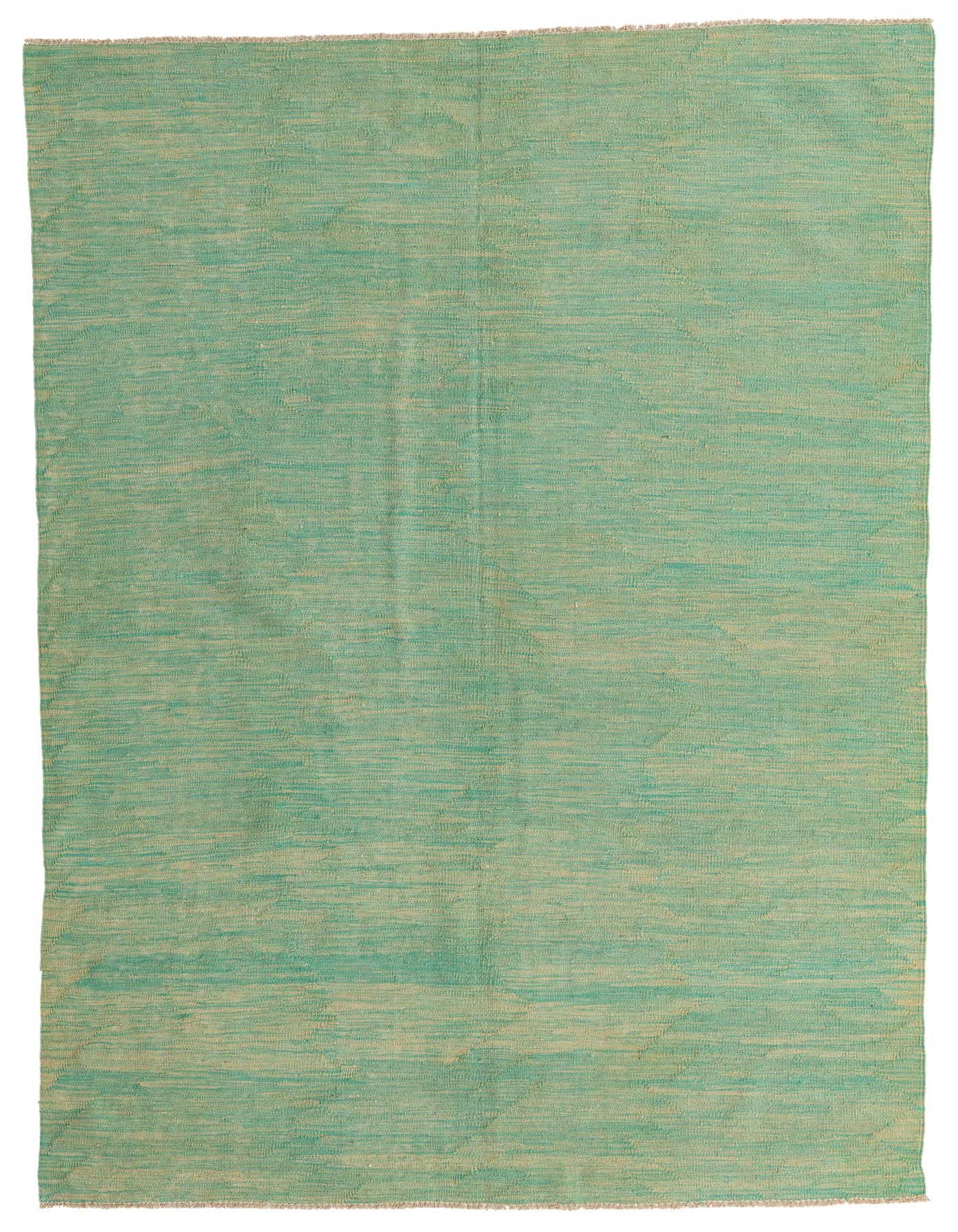 A 6x9 rectangular flatweave rug in varying shades of green, featuring subtle horizontal stripes and a Southwestern-inspired texture.