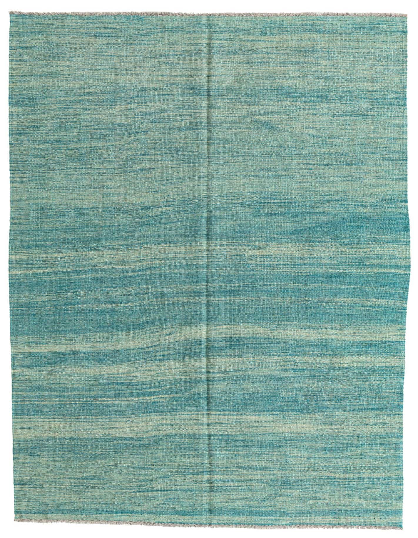 A 5x8 rectangular Kilim Modern rug in varying shades of green, featuring a flatweave, textured, and abstract pattern.