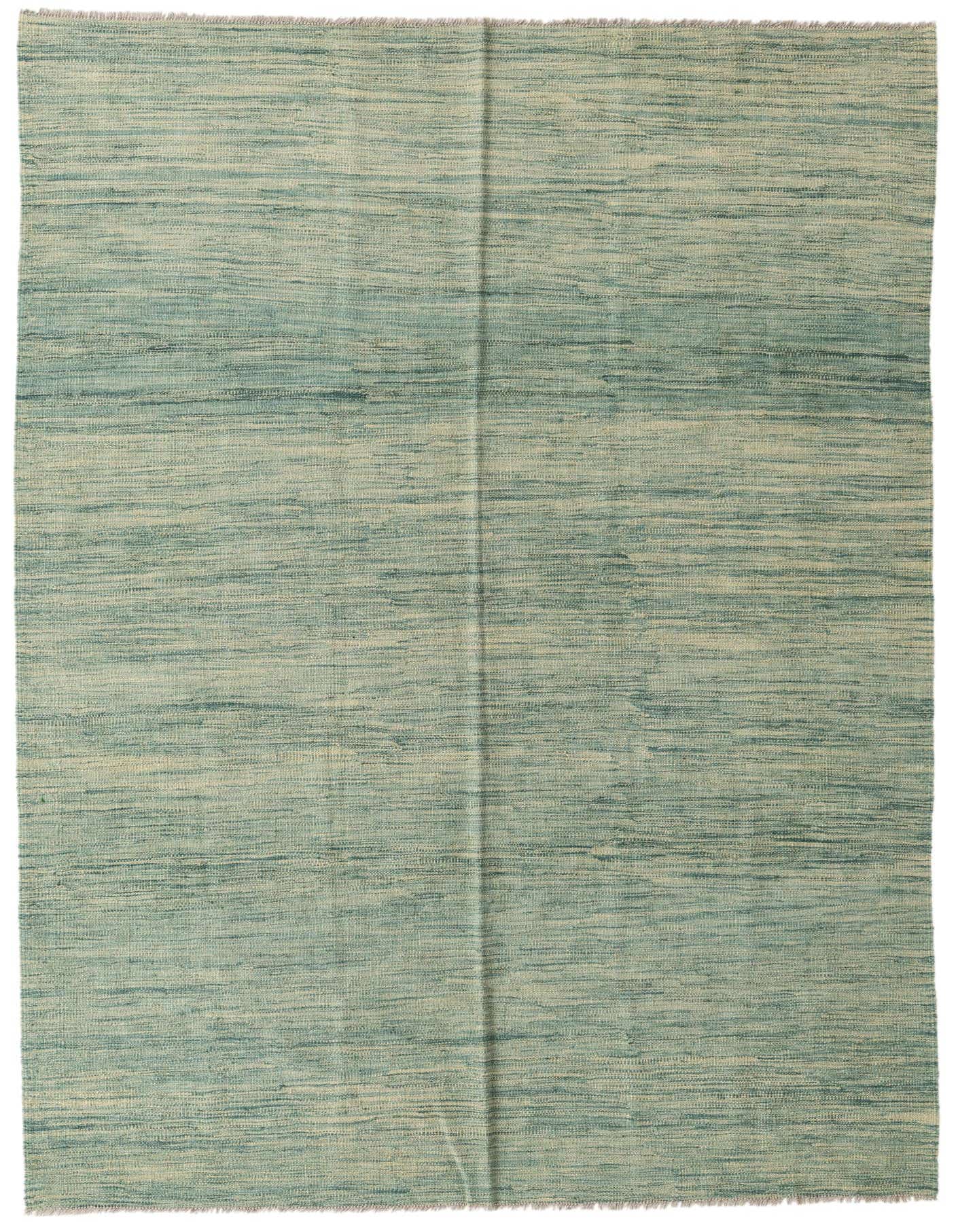 A 5x8 rectangular Kilim Modern rug from Rugs.com, featuring a flatweave texture with variegated green and cream stripes, ideal for a living room.