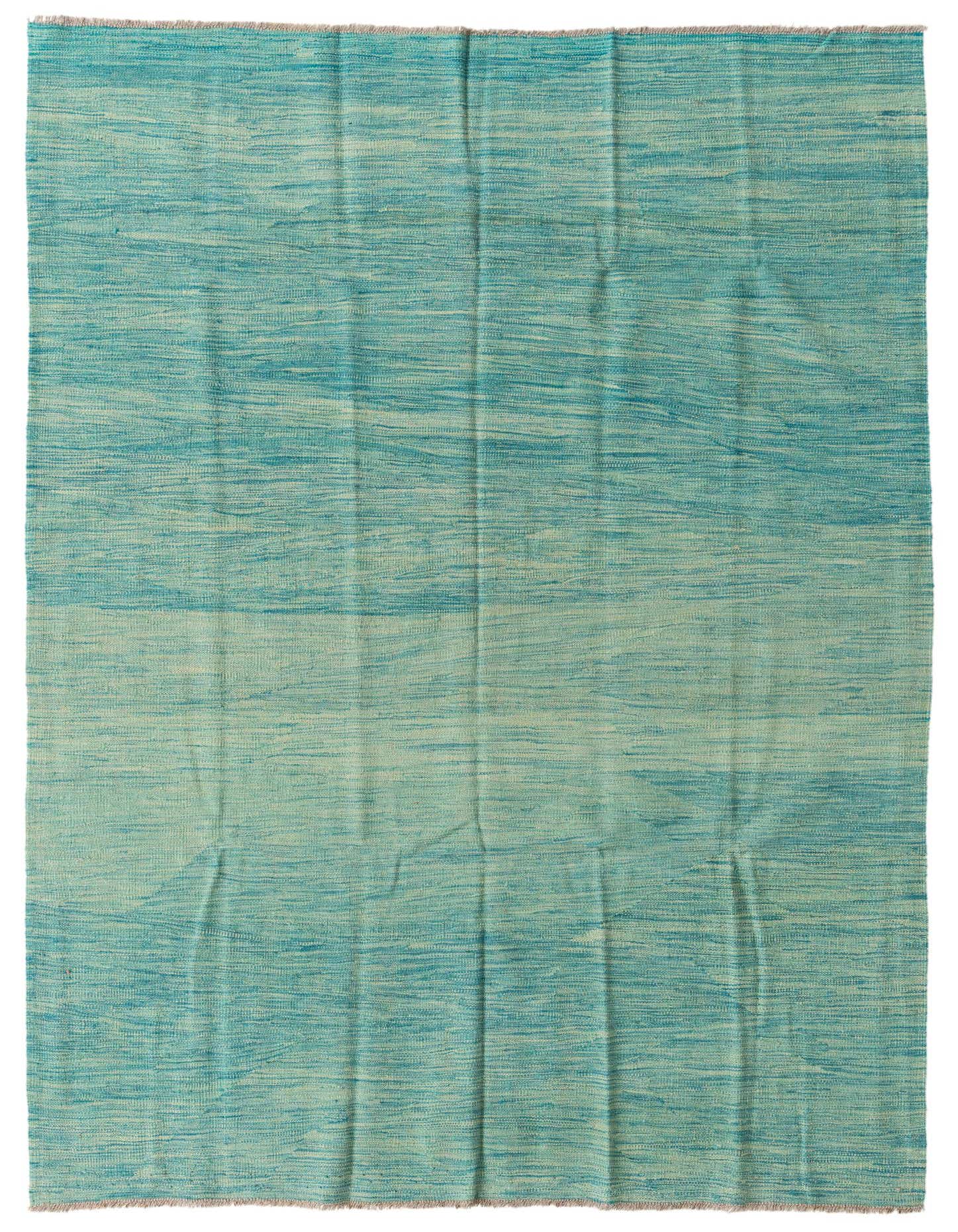 A 5x8 rectangular Kilim Modern wool rug in varying shades of green, featuring a flatweave tribal stripe pattern.