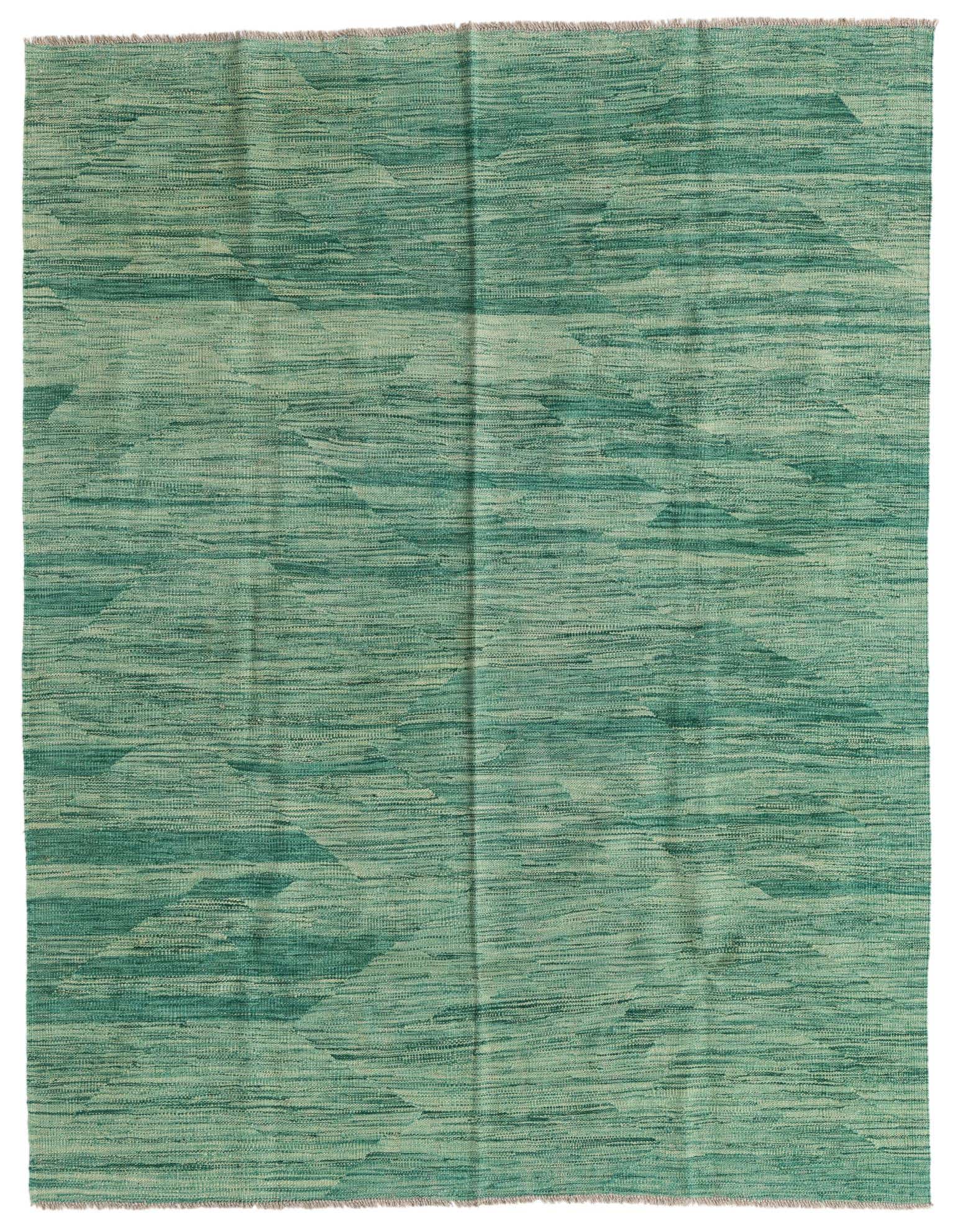 A 5x8 rectangular Kilim Modern wool rug in varying shades of green with an abstract tribal pattern, perfect for a living room.