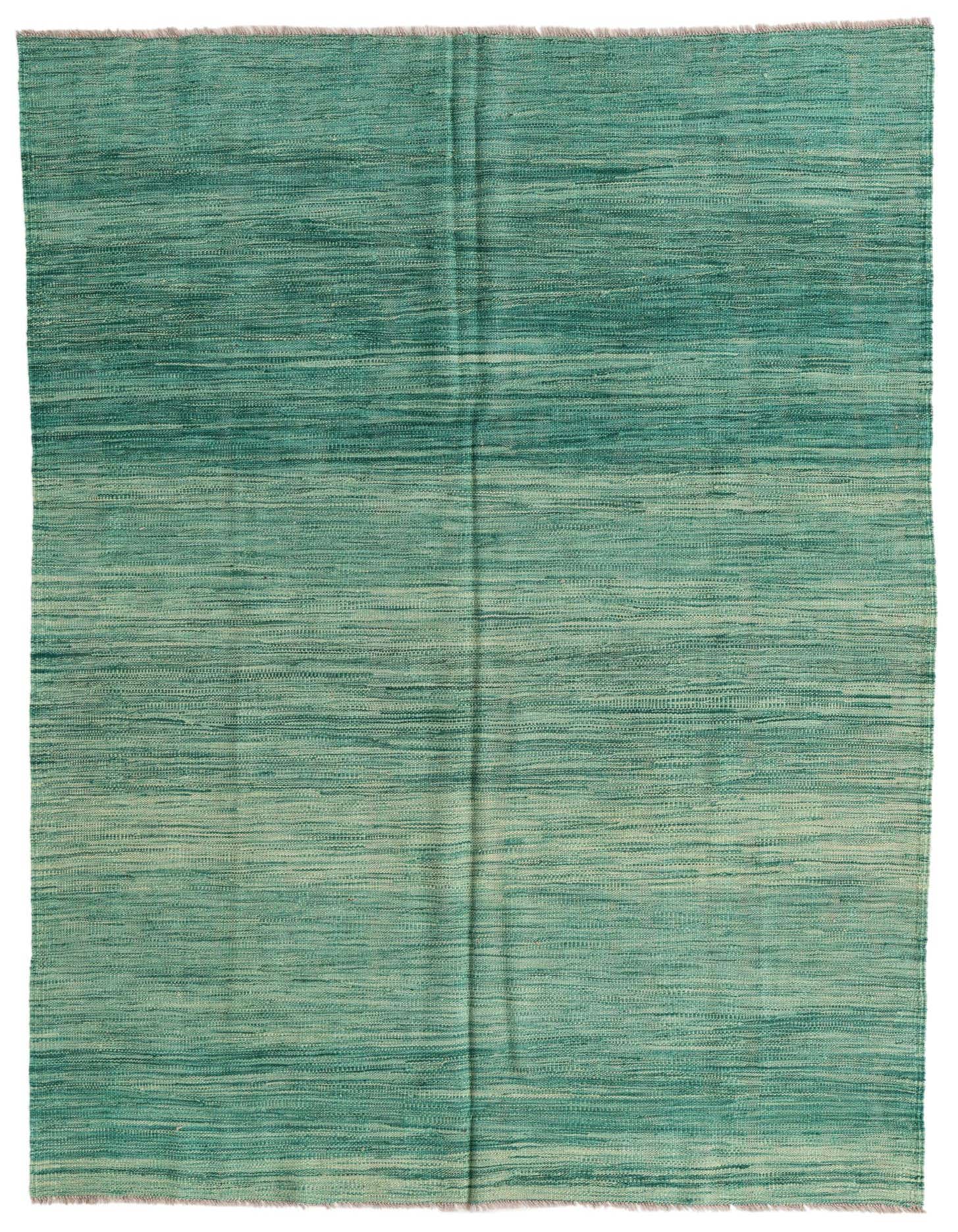 A 4x6 rectangular Kilim Modern wool rug in varying shades of green, featuring a flatweave texture and subtle tribal pattern.