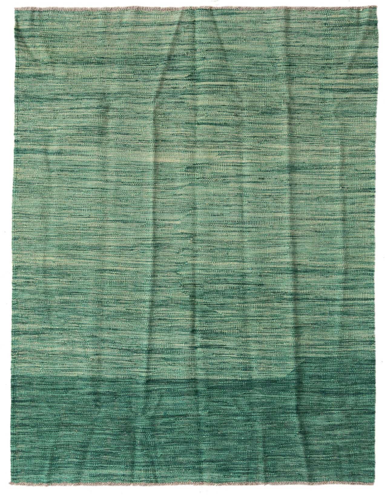 A 4x6 rectangular Kilim Modern rug with a flatweave texture, featuring varying shades of green in a horizontal stripe pattern.