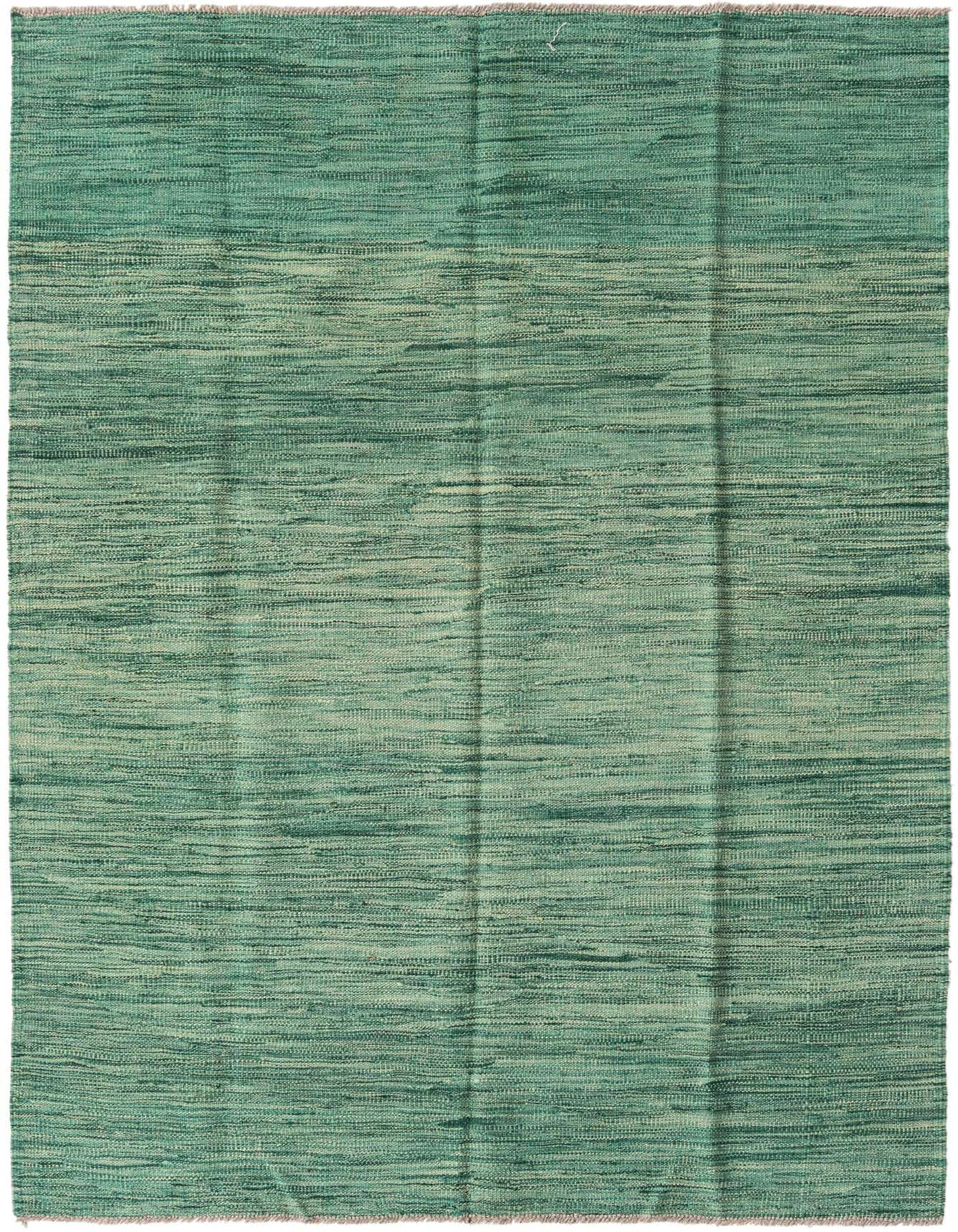 A 4x6 rectangular Kilim Modern rug in varying shades of green, featuring a flatweave texture and handmade tribal pattern.