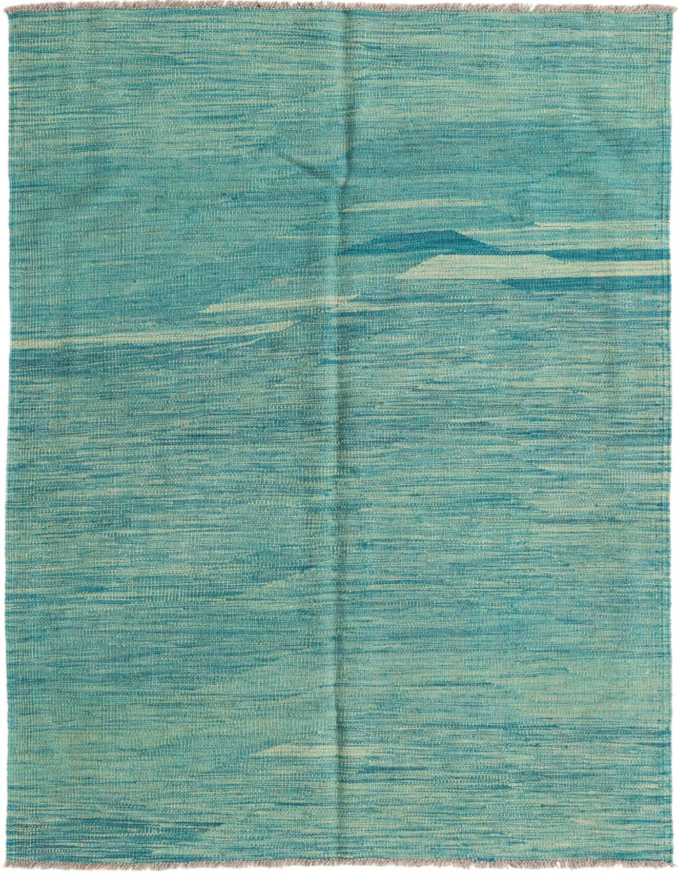 A 4x6 rectangular Kilim Modern wool rug in varying shades of green with a subtle tribal pattern.