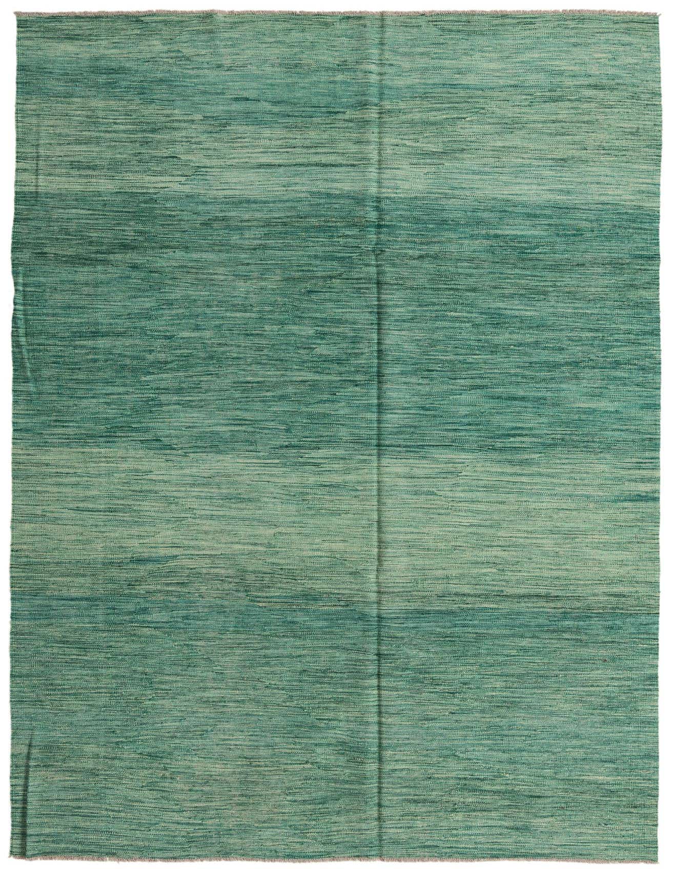 A 7x10 rectangular Rugs.com Kilim Modern rug featuring horizontal stripes in varying shades of green, ideal for a living room.