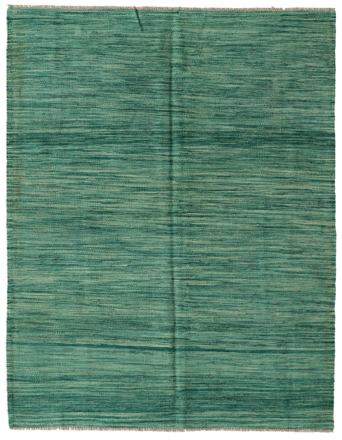 A 4x6 rectangular Kilim Modern wool rug in varying shades of green, featuring a flatweave texture.