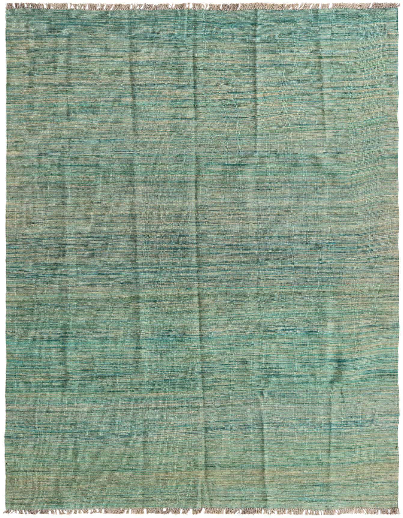 A 5x8 rectangular Kilim Modern rug from Rugs.com, featuring a flatweave texture in varying shades of green, with subtle fringe.