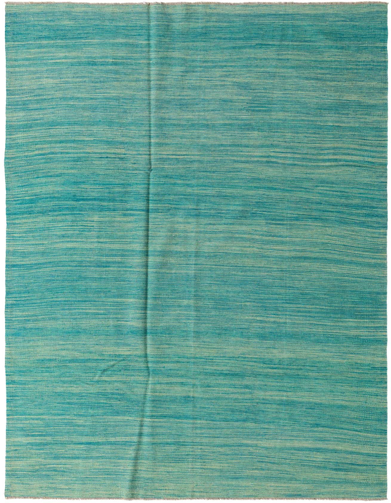 A 6x9 rectangular Kilim Modern wool rug in varying shades of green, featuring a flatweave texture.