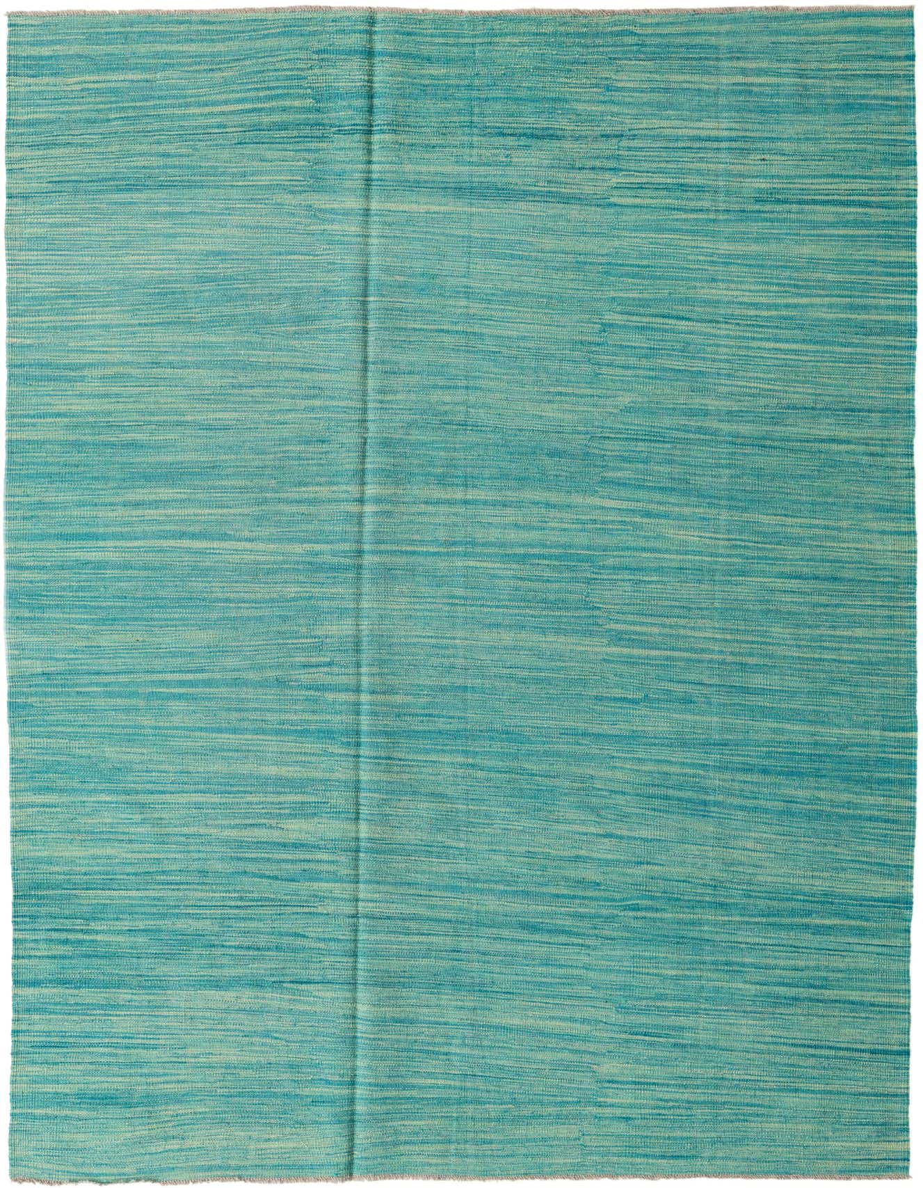 A 6x9 rectangular flatweave rug in varying shades of green, featuring a subtle horizontal striped pattern.