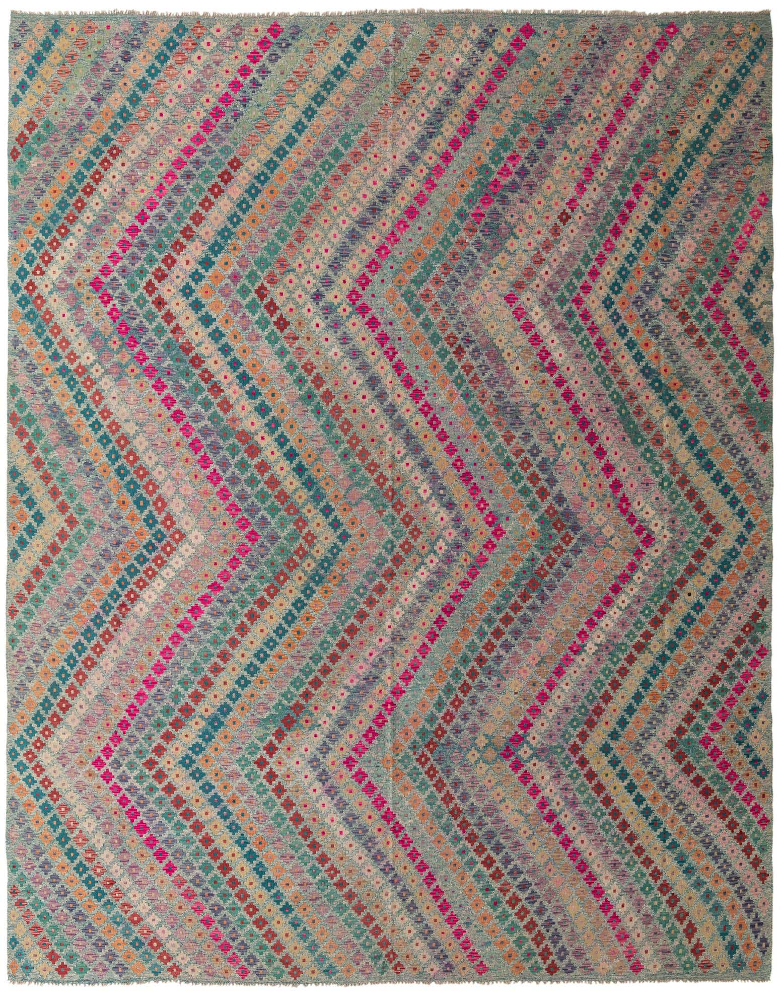 A 10x13 rectangular Kilim Modern wool rug featuring a vibrant chevron pattern in various shades of green, pink, blue, and orange.