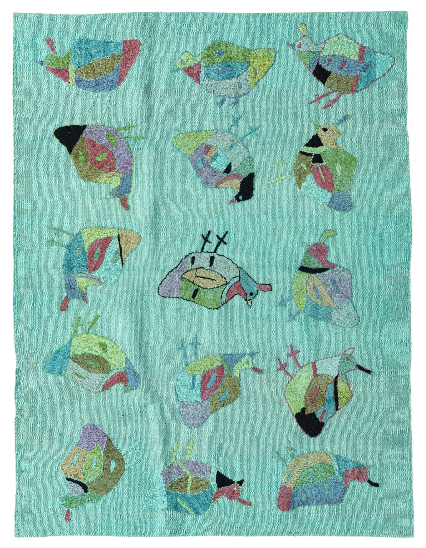 A 3x5 rectangular green Kilim Suzani rug featuring colorful, abstract bird-like figures in various hues.