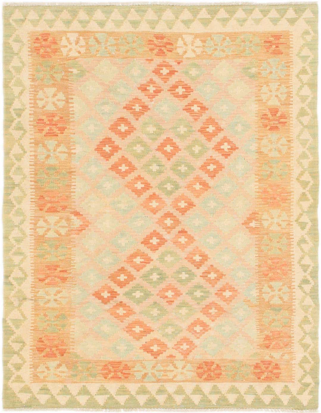 A 3x5 rectangular Kilim Waziri rug featuring a tribal medallion pattern in shades of green, peach, and cream with a flatweave texture.