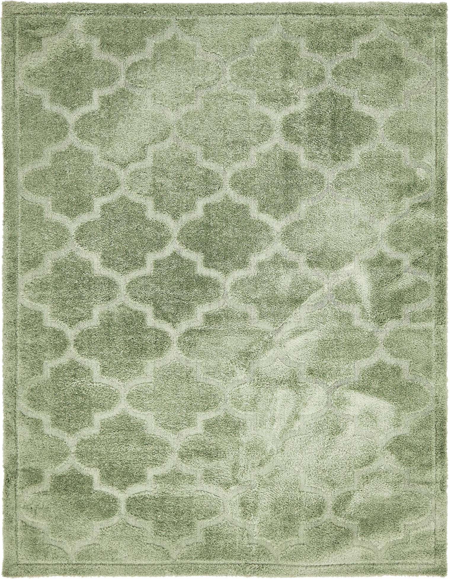 A 9x12 rectangular green shag rug with a subtle high-low textured lattice pattern, suitable for a living room.