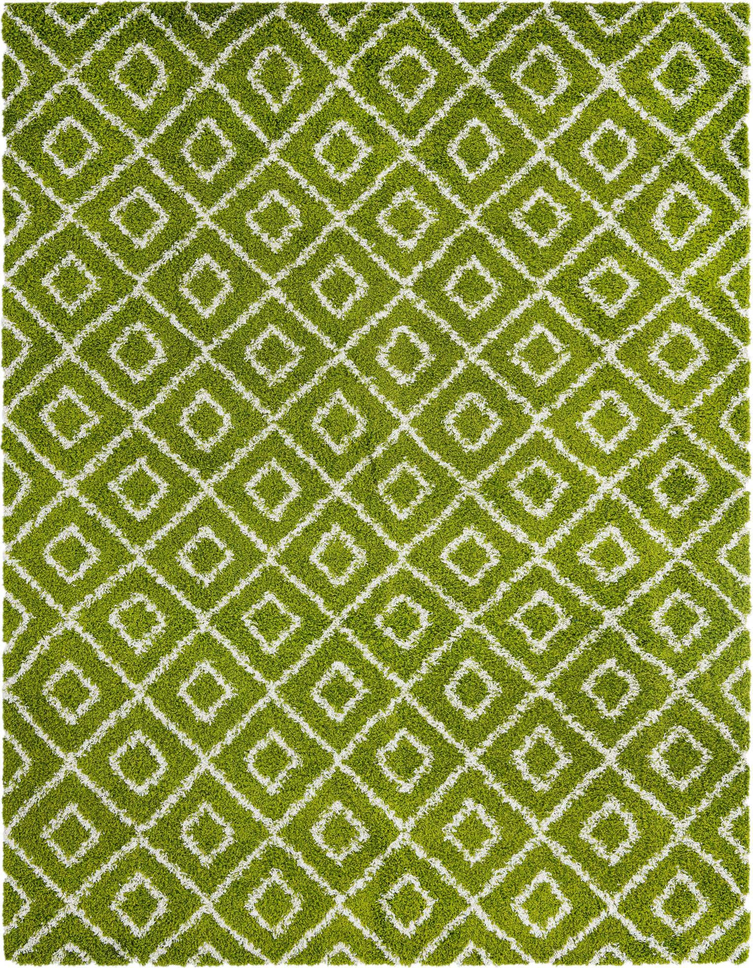 A 10x13 rectangular green shag rug with a white modern lattice pattern, featuring a high/low textured pile.