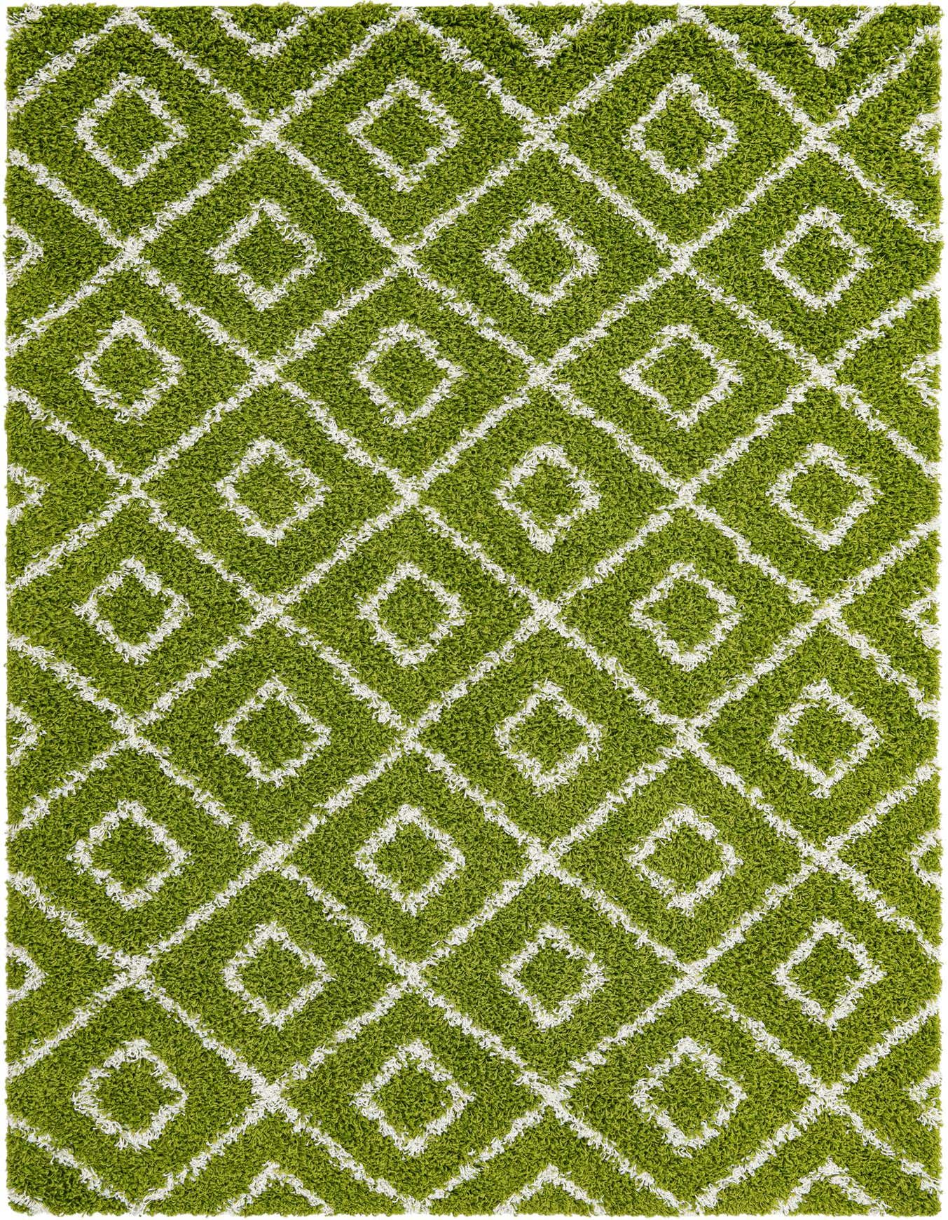 A 6x9 rectangular green shag rug with a modern white trellis pattern, featuring a high-low textured pile.