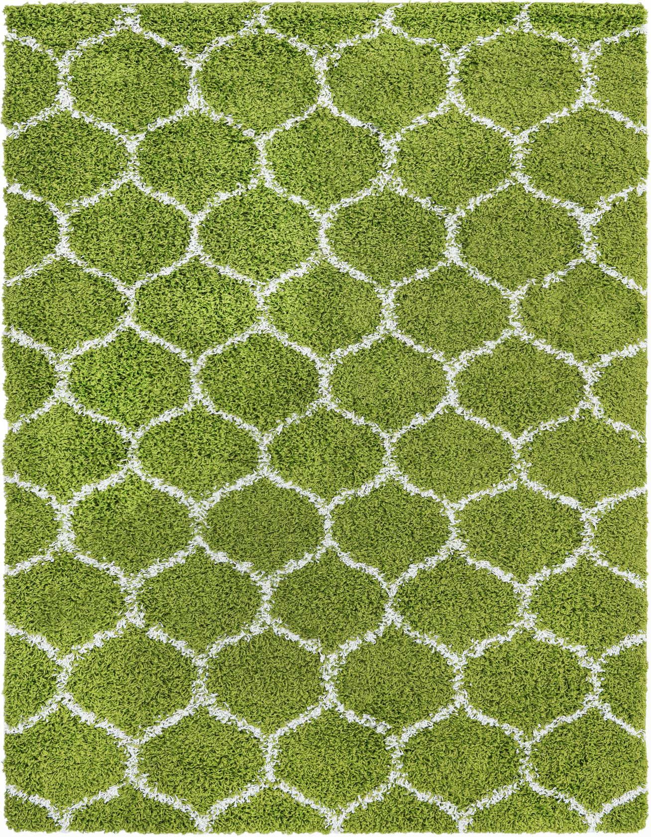 A 5x8 rectangular green shag rug with a modern white lattice pattern, featuring a textured high-low pile.